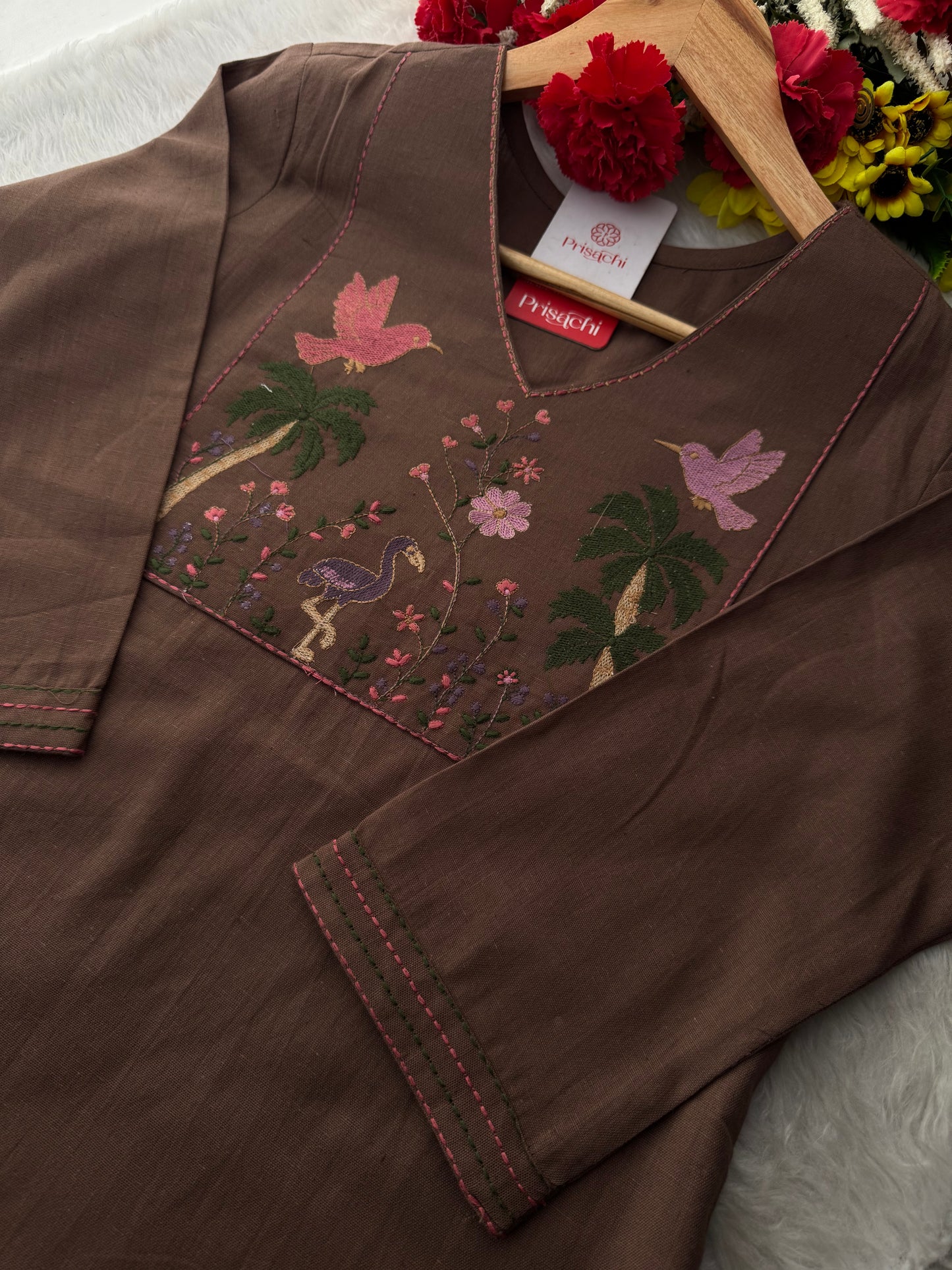 Brown Short Straight Thread Embroidered Ethnic Kurti for Women | Casual Office Wear Daily Wear - Prisachi Official