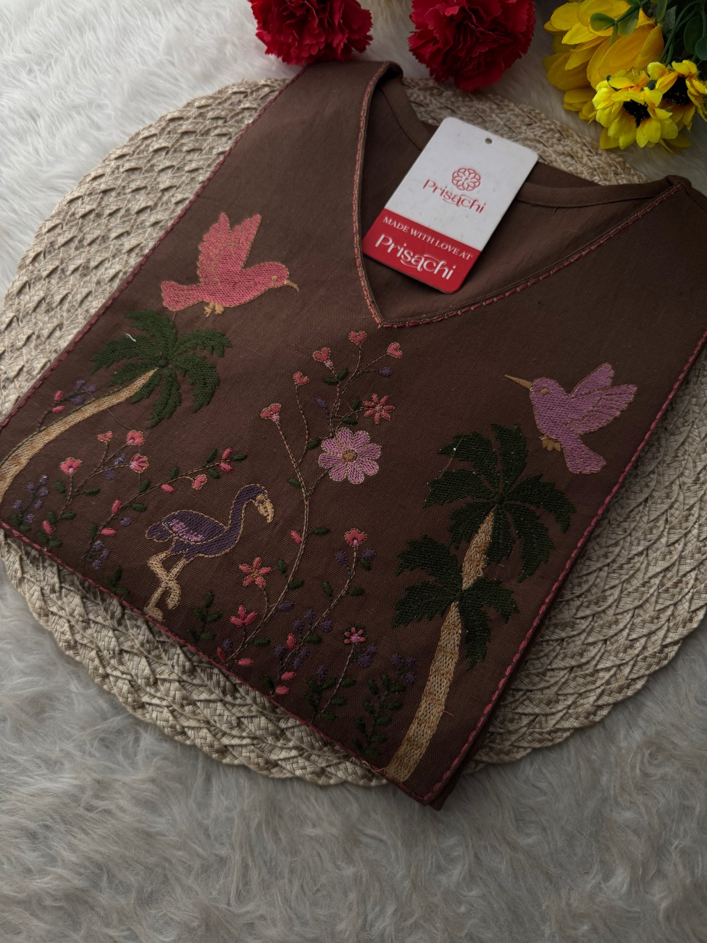 Brown Short Straight Thread Embroidered Ethnic Kurti for Women | Casual Office Wear Daily Wear - Prisachi Official