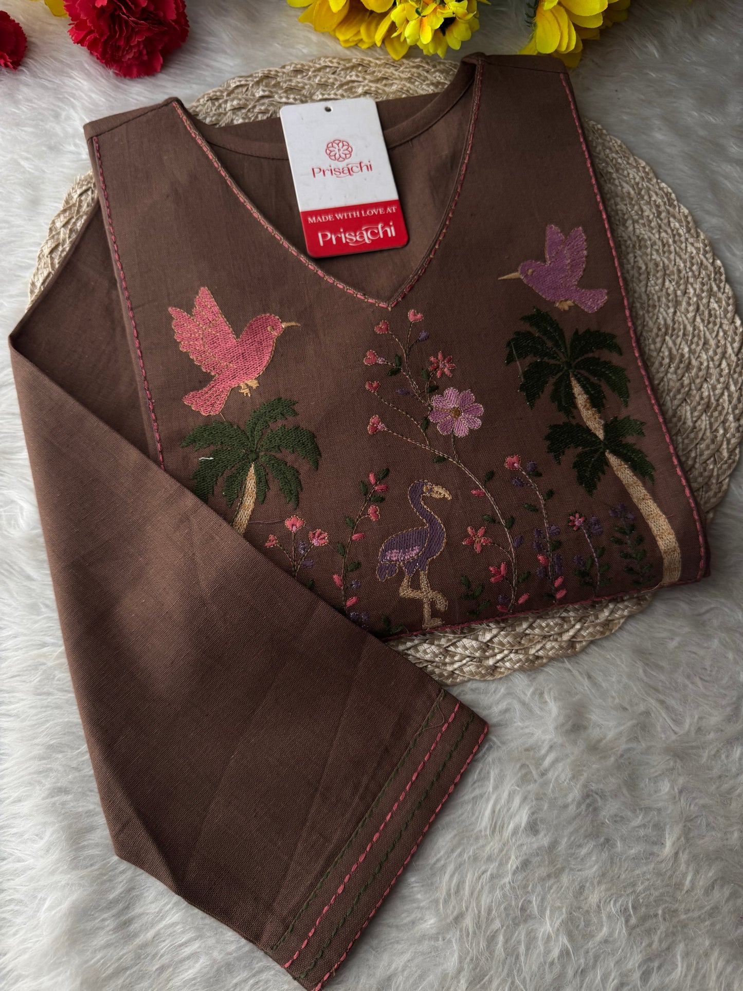 Brown Short Straight Thread Embroidered Ethnic Kurti for Women | Casual Office Wear Daily Wear - Prisachi Official