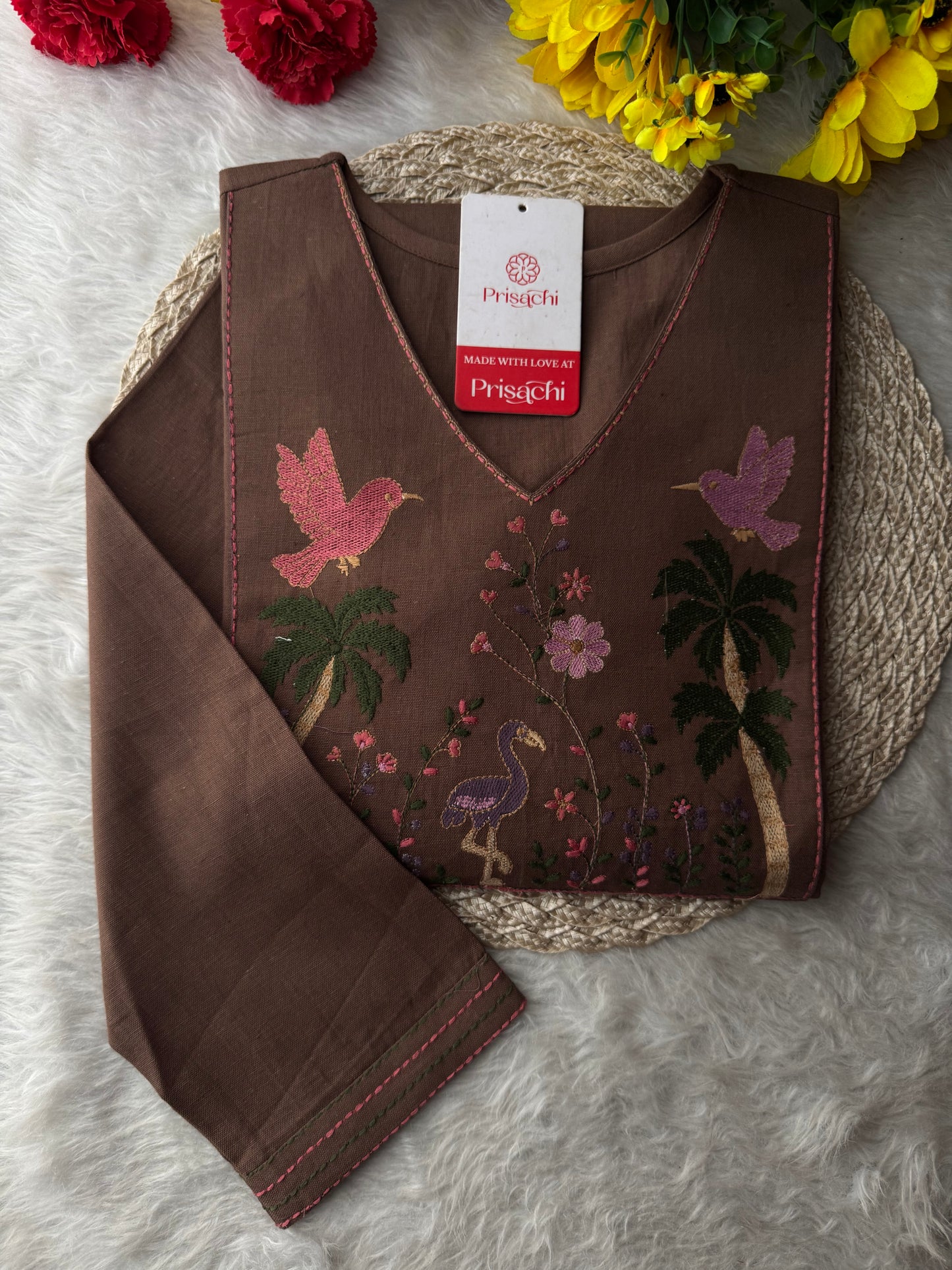Brown Short Straight Thread Embroidered Ethnic Kurti for Women | Casual Office Wear Daily Wear - Prisachi Official