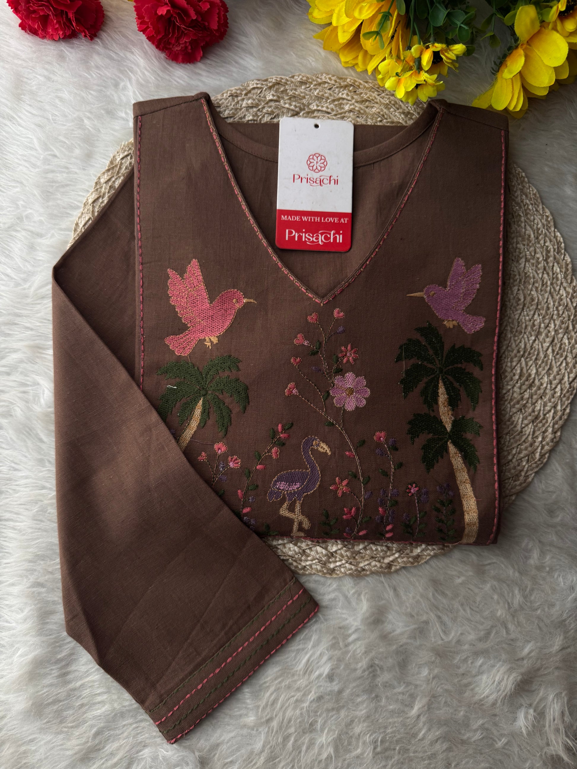 Brown Short Straight Thread Embroidered Ethnic Kurti for Women | Casual Office Wear Daily Wear - Prisachi Official