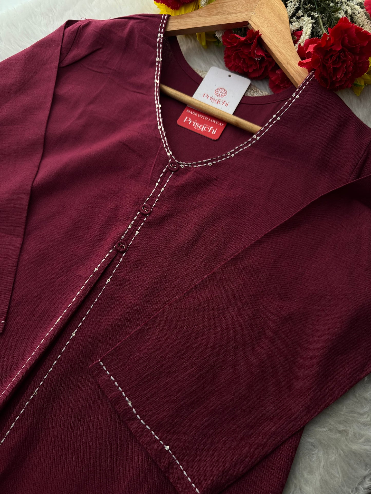 Wine Short Straight Thread Embroidered Kurti for Women - Prisachi Official