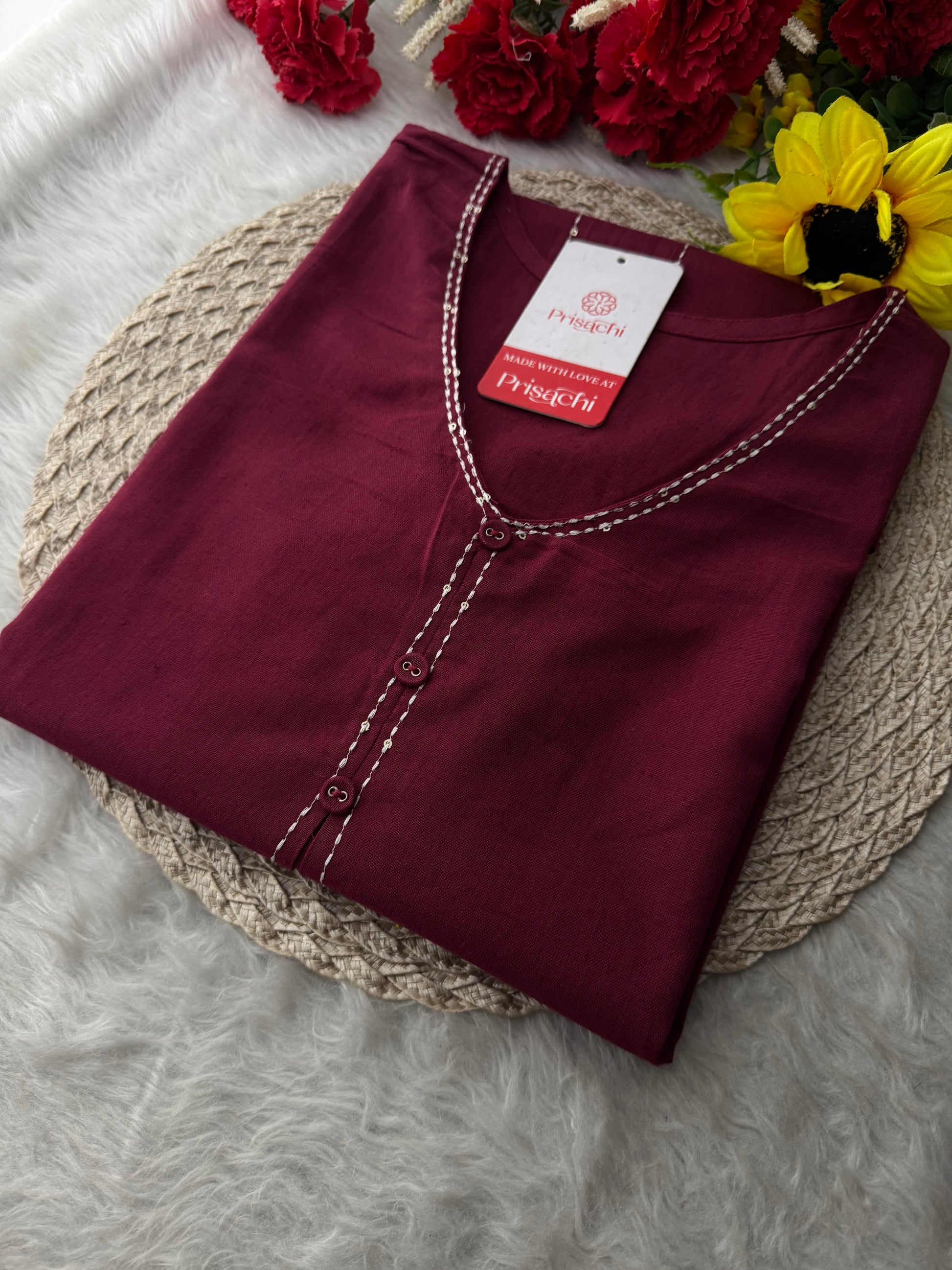Wine Short Straight Thread Embroidered Kurti for Women - Prisachi Official