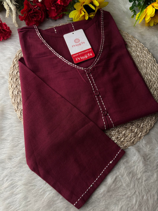 Wine Short Straight Thread Embroidered Kurti for Women - Prisachi Official