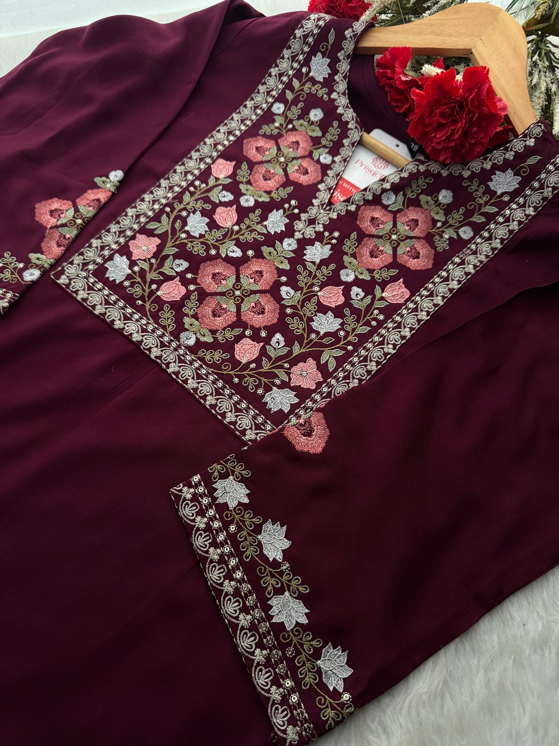 Wine Short Straight Embroidered Ethnic Kurti for Women | Casual Office Wear Daily Wear - Prisachi Official