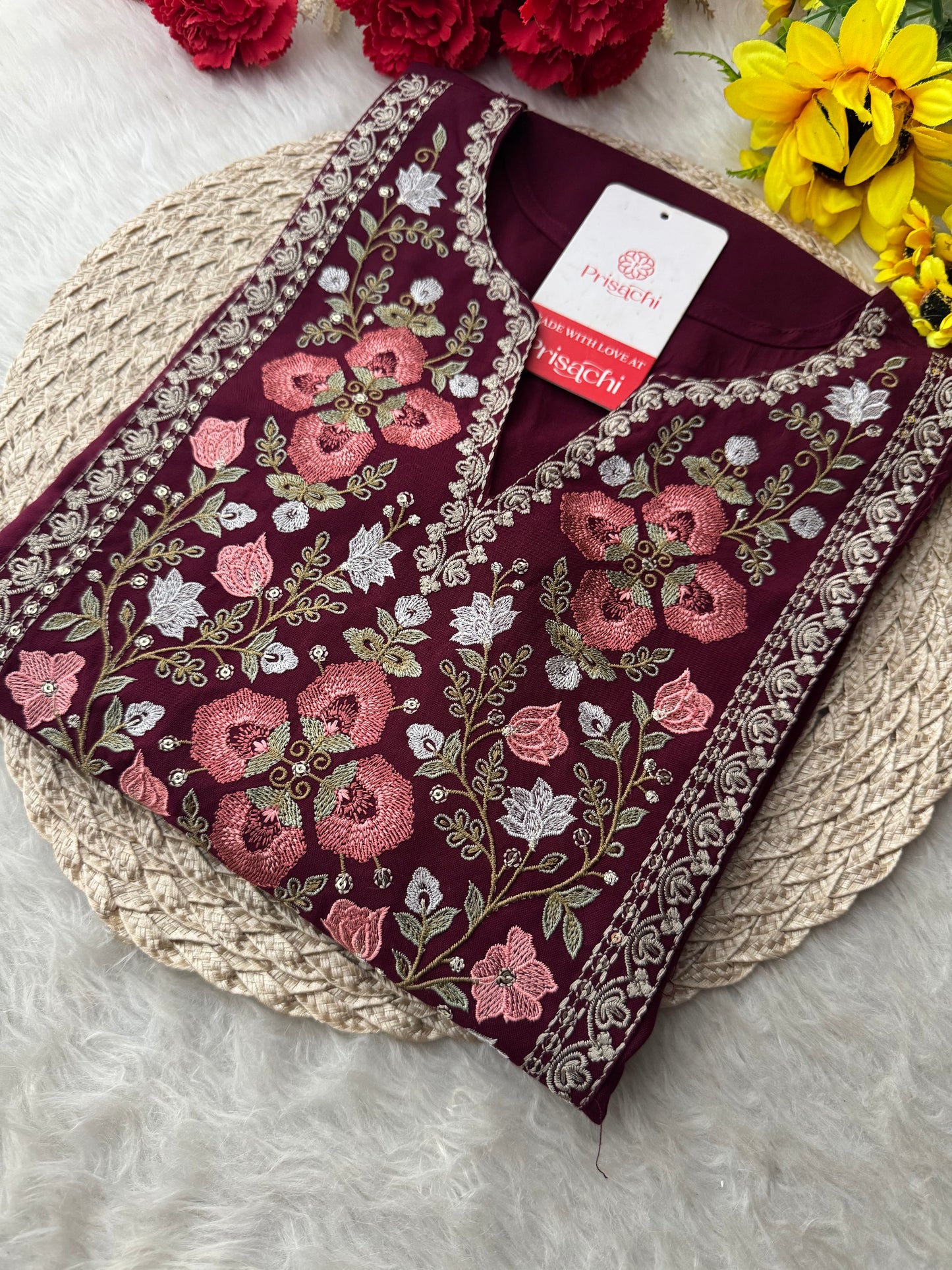 Wine Short Straight Embroidered Ethnic Kurti for Women | Casual Office Wear Daily Wear - Prisachi Official