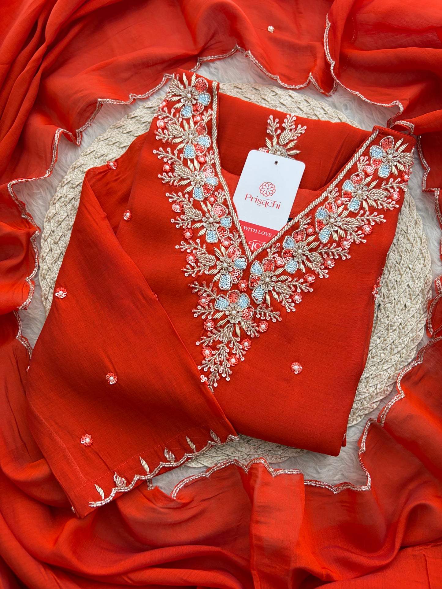 Orange Zardozi Embroidered Ethnic Kurta Set for Women with Dupatta & Pants | Festive Traditional Suit Set