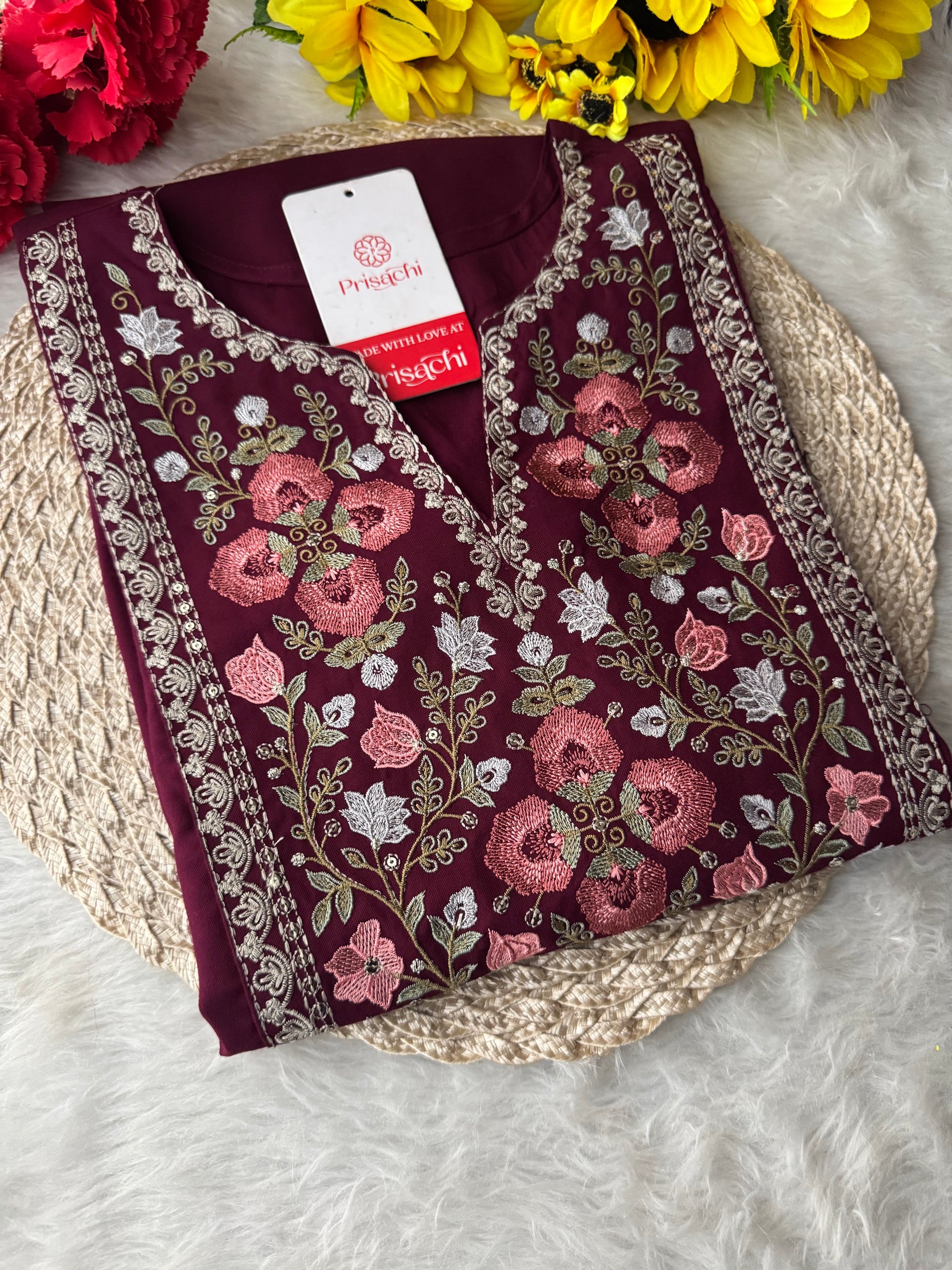 Wine Short Straight Embroidered Ethnic Kurti for Women | Casual Office Wear Daily Wear - Prisachi Official
