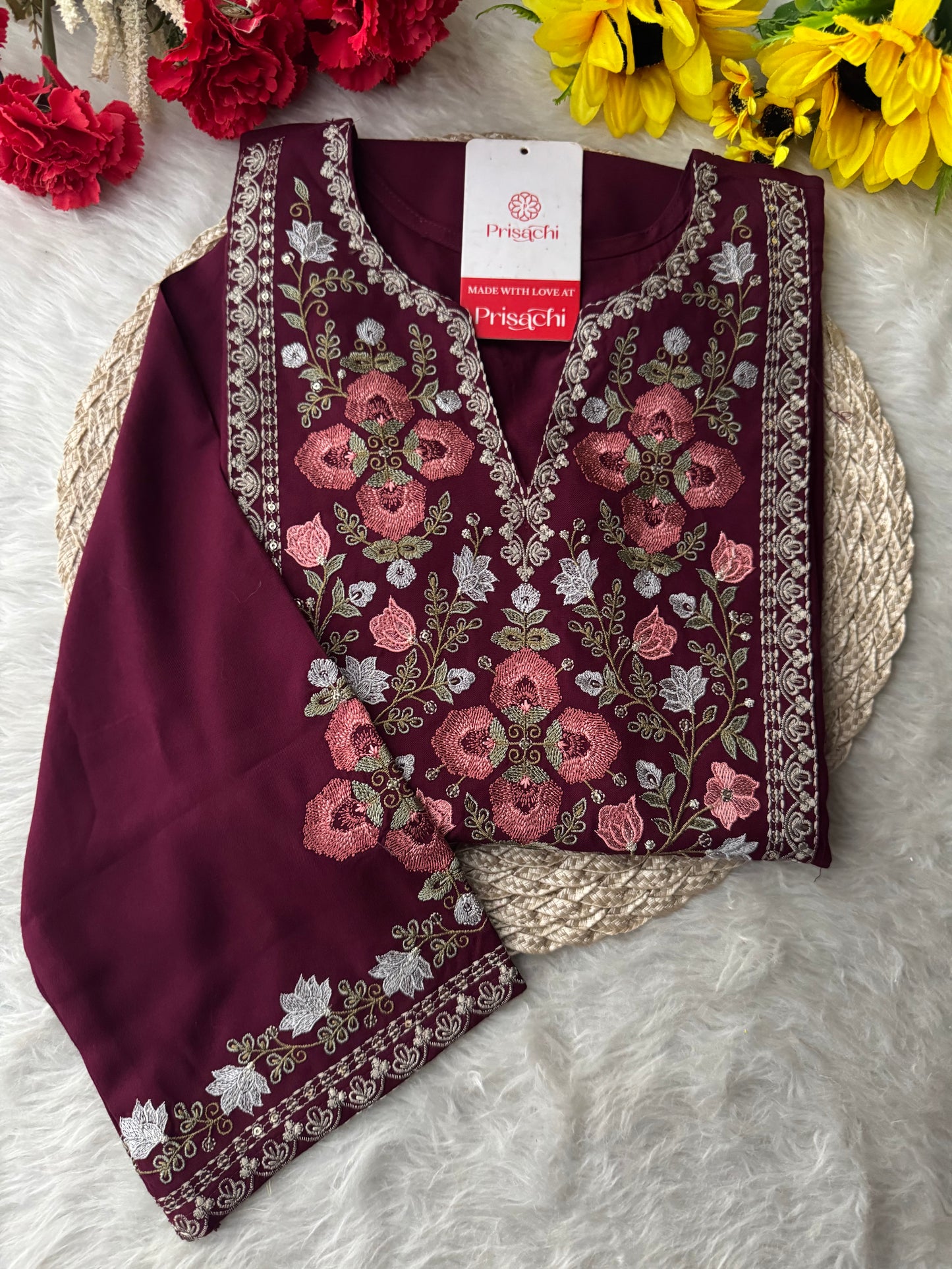 Wine Short Straight Embroidered Ethnic Kurti for Women | Casual Office Wear Daily Wear - Prisachi Official