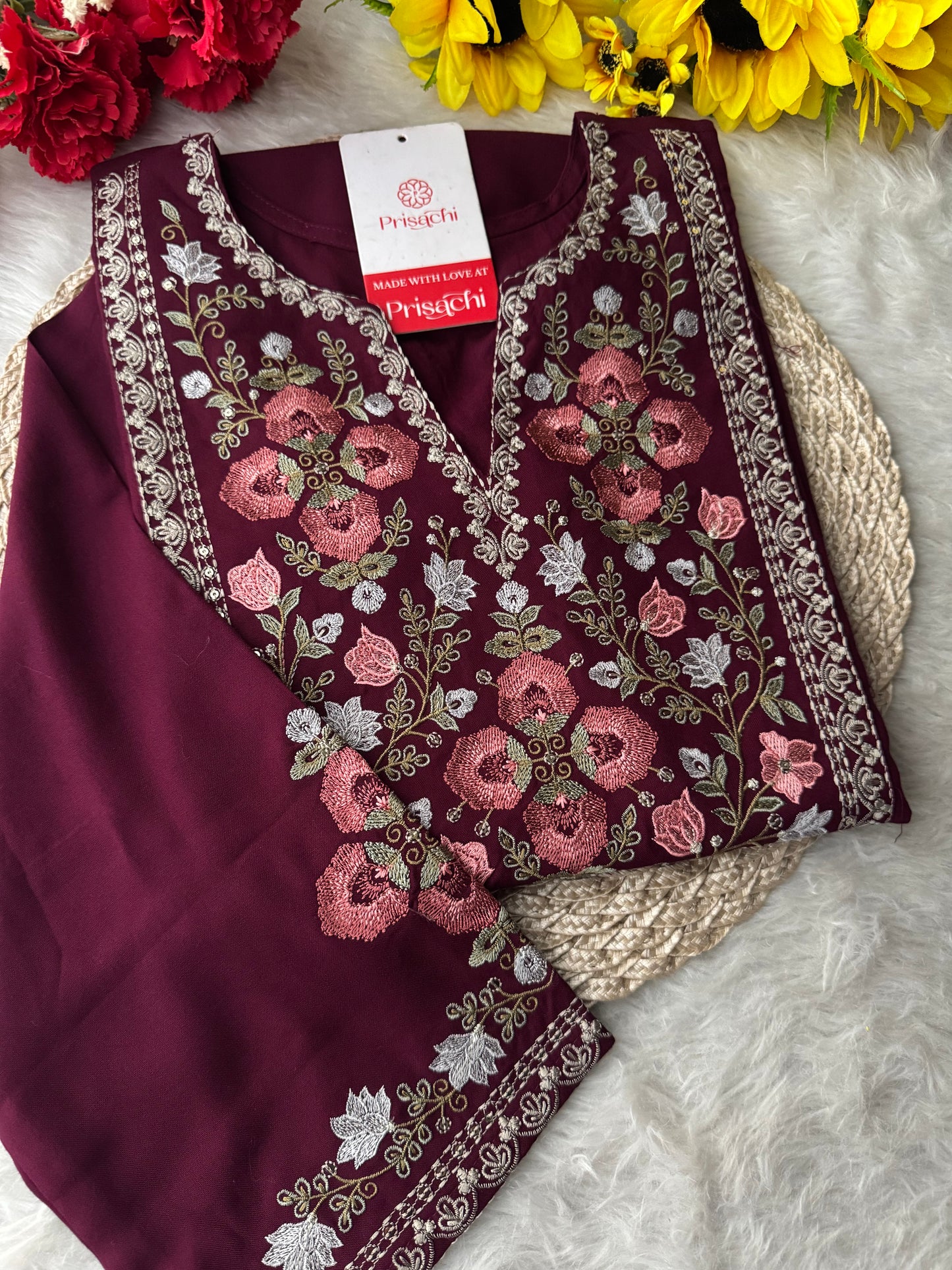 Wine Short Straight Embroidered Ethnic Kurti for Women | Casual Office Wear Daily Wear - Prisachi Official