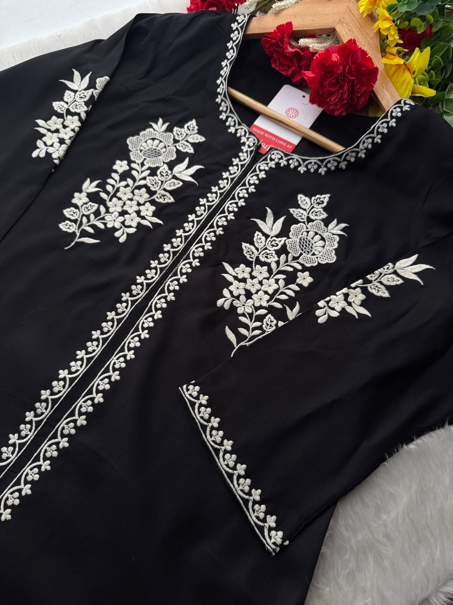 Black  Short Straight White Thread Embroidered Kurti for Women - Prisachi Official
