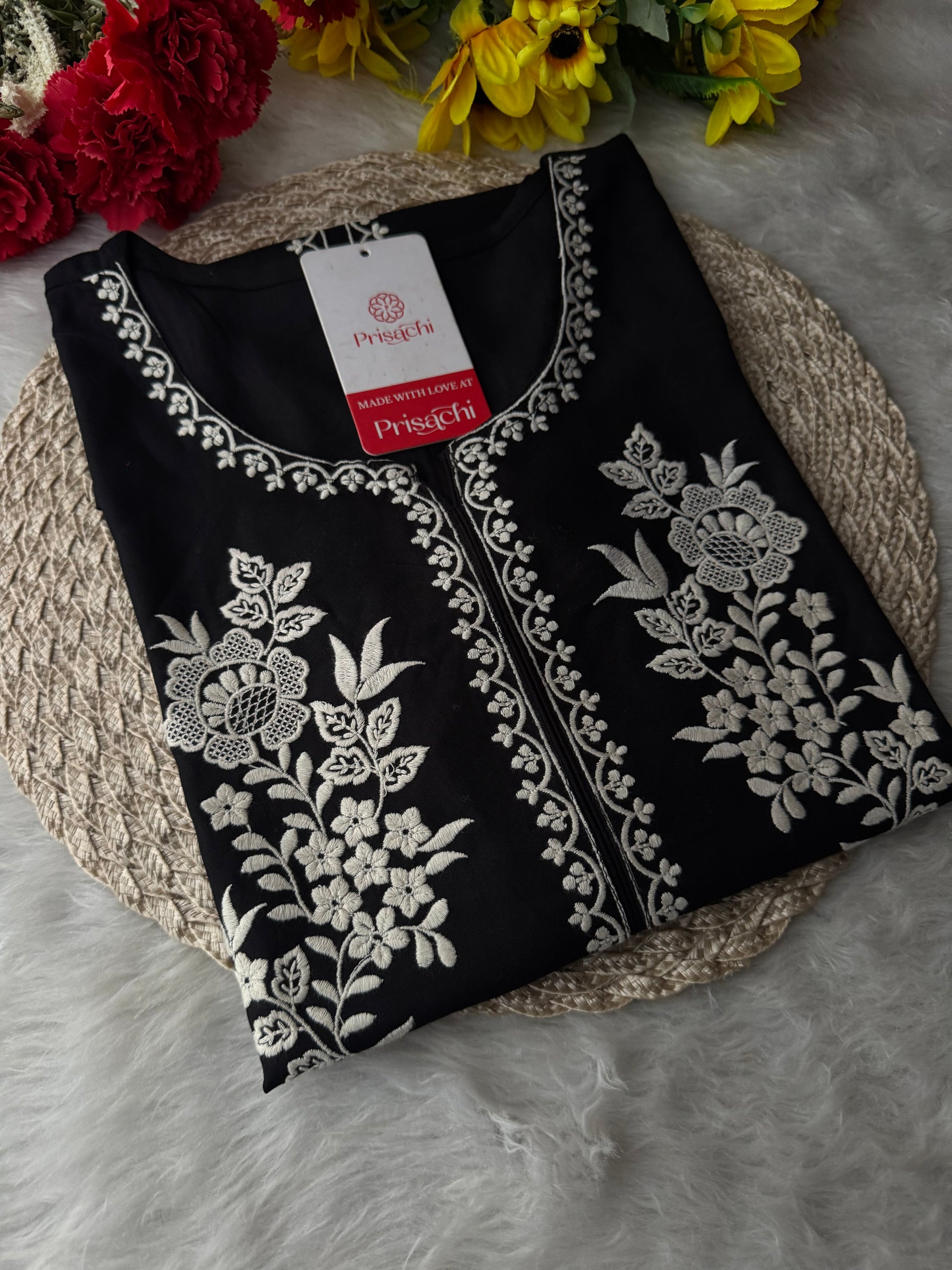 Black  Short Straight White Thread Embroidered Kurti for Women - Prisachi Official