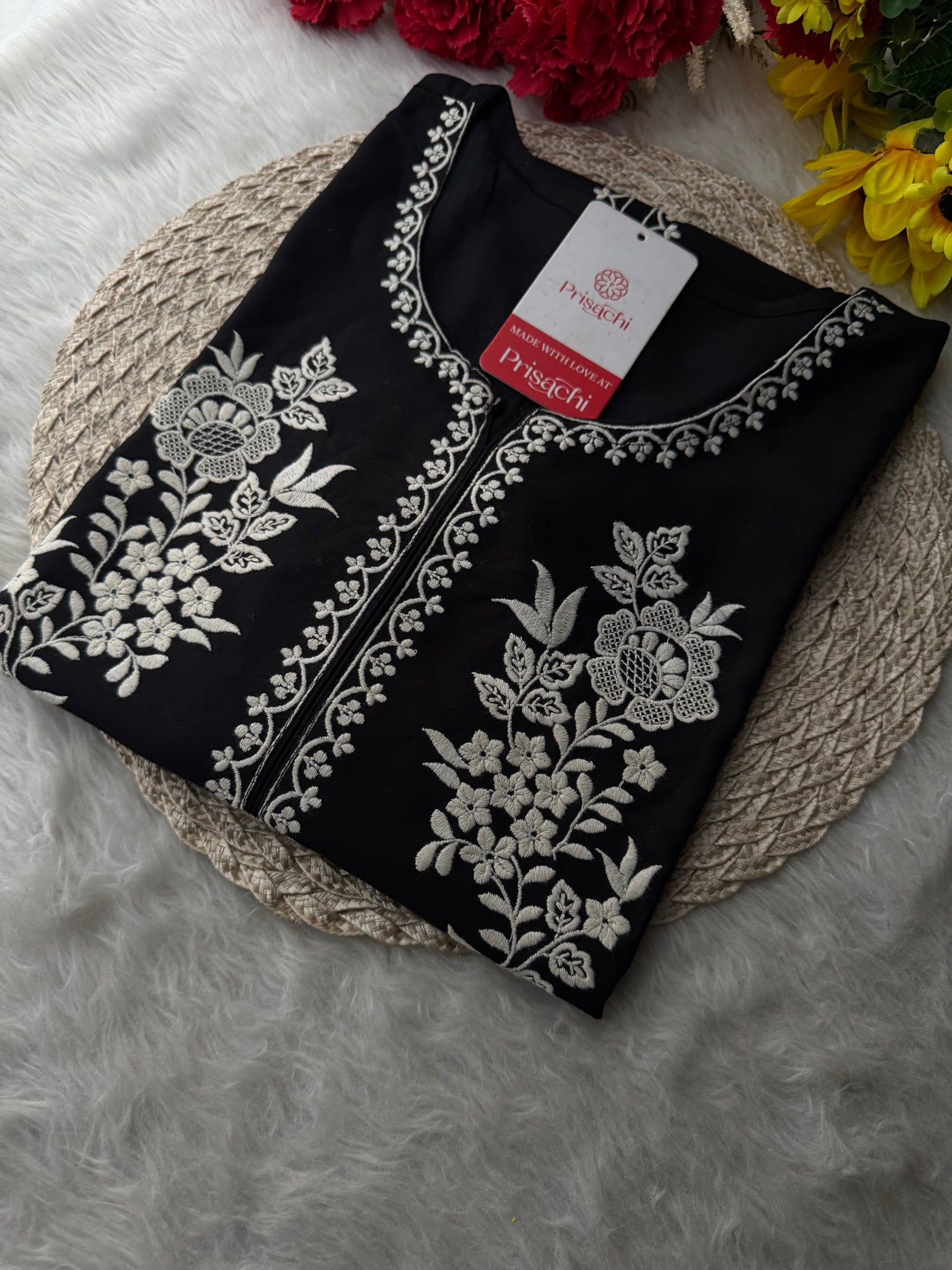 Black  Short Straight White Thread Embroidered Kurti for Women - Prisachi Official