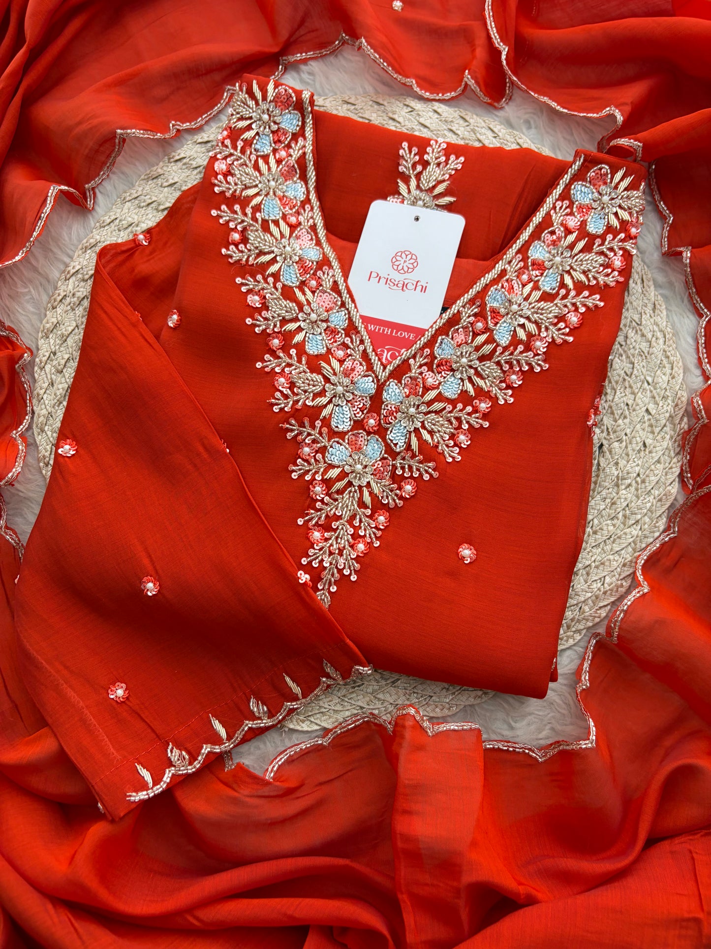 Orange Zardozi Embroidered Ethnic Kurta Set for Women with Dupatta & Pants | Festive Traditional Suit Set
