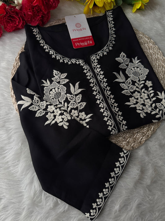Black  Short Straight White Thread Embroidered Kurti for Women - Prisachi Official