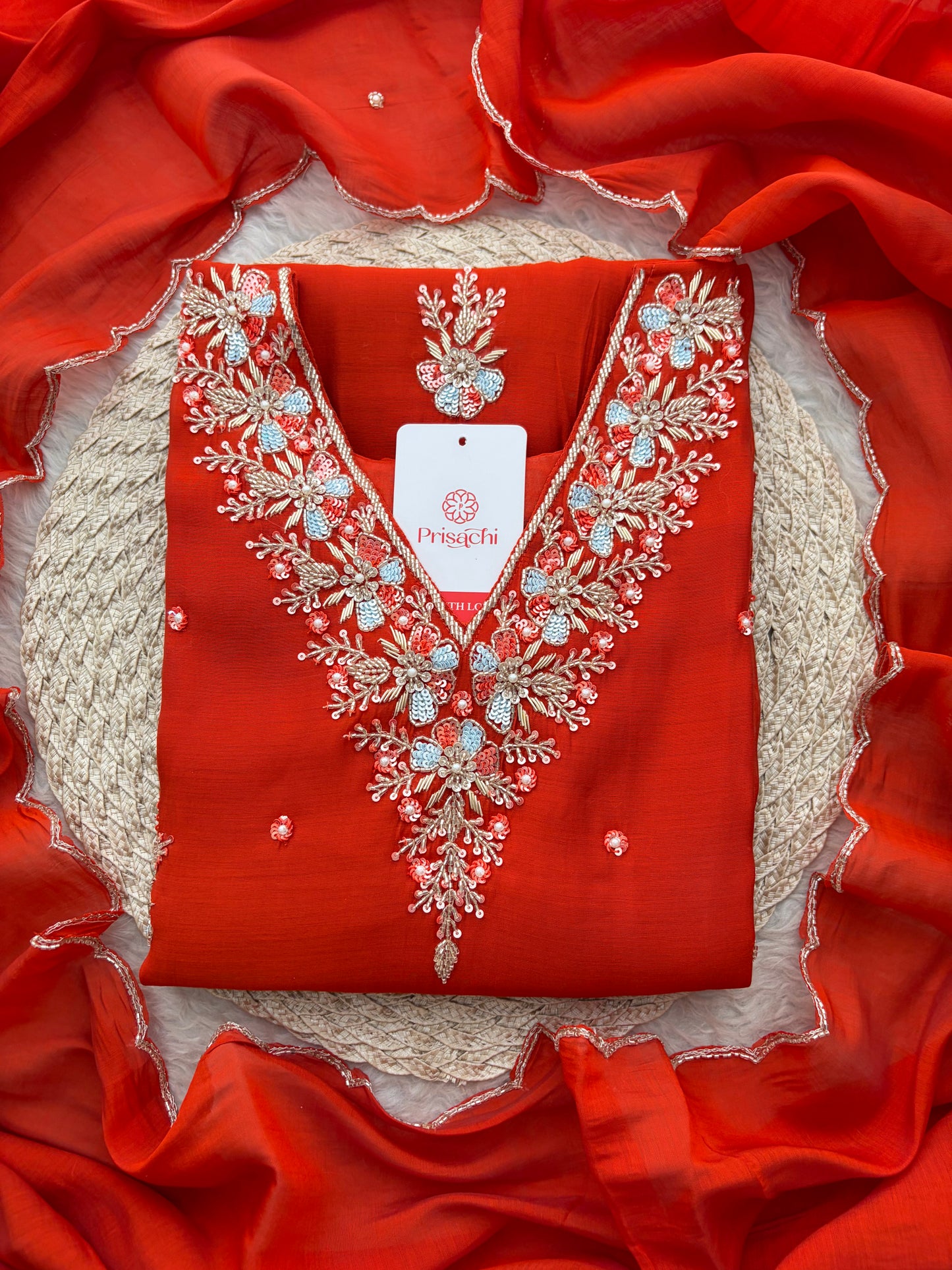 Orange Zardozi Embroidered Ethnic Kurta Set for Women with Dupatta & Pants | Festive Traditional Suit Set
