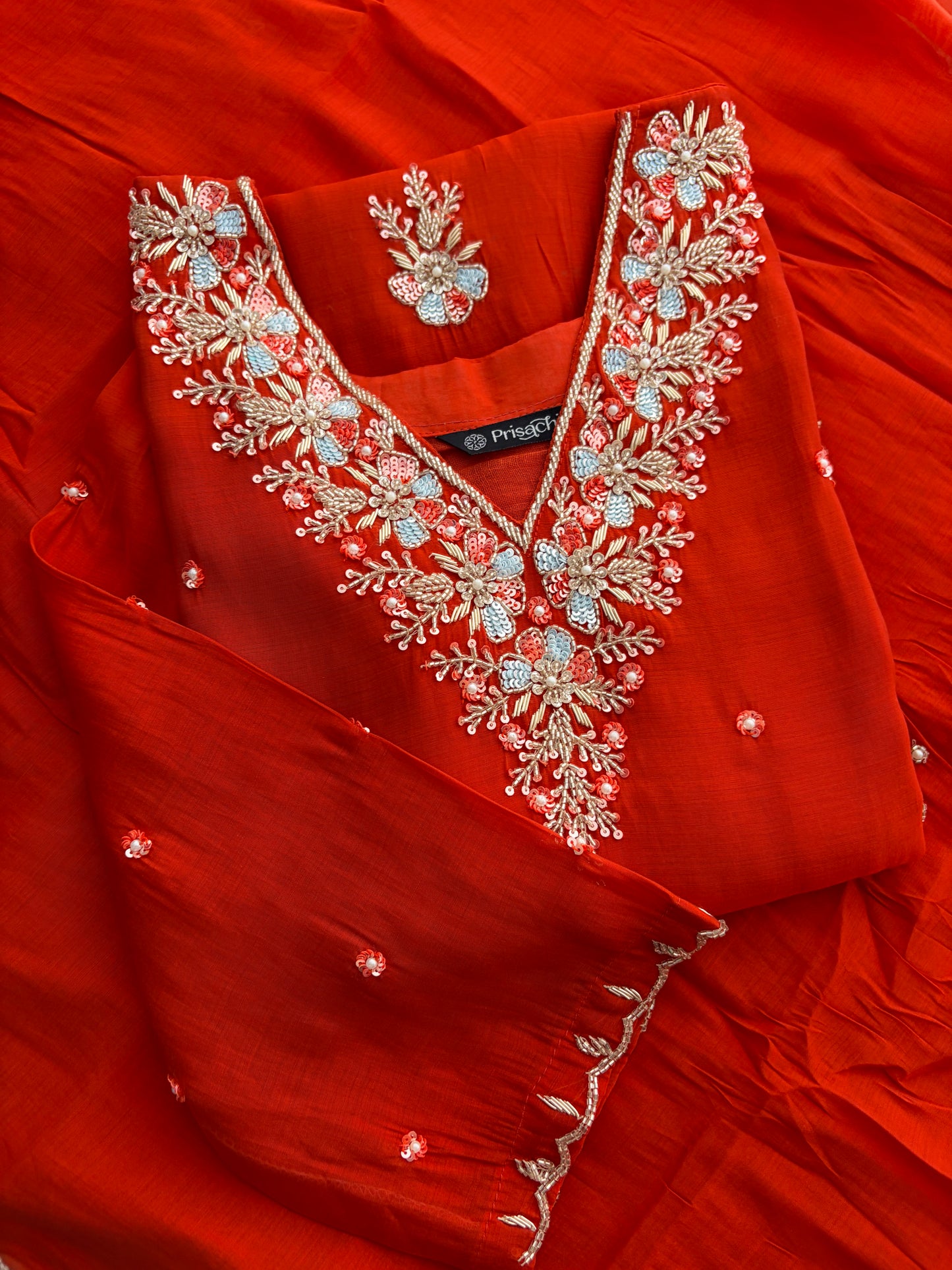 Orange Zardozi Embroidered Ethnic Kurta Set for Women with Dupatta & Pants | Festive Traditional Suit Set