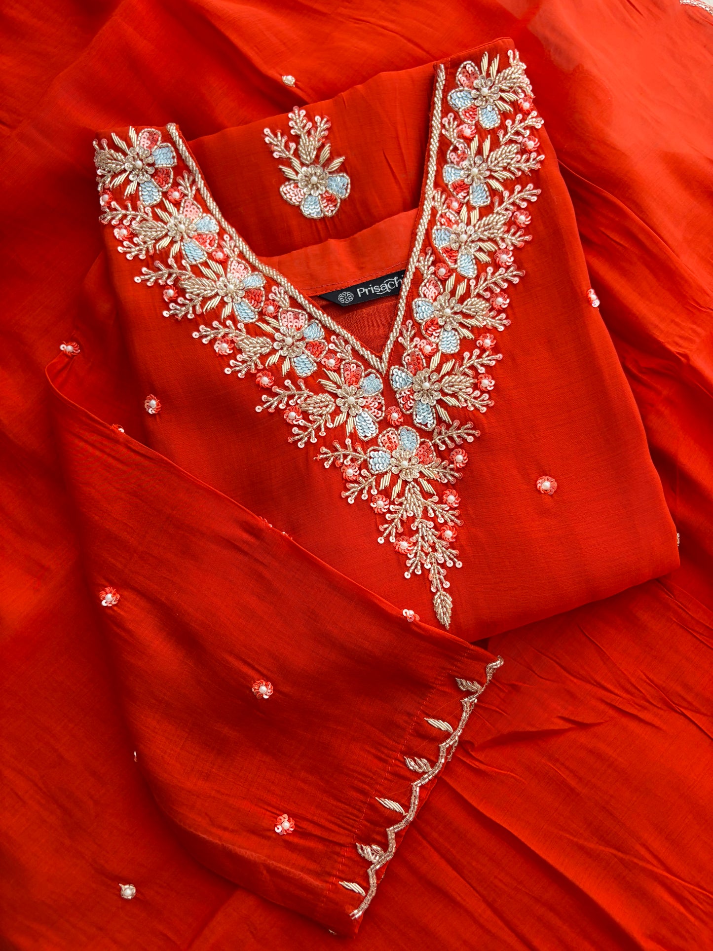 Orange Zardozi Embroidered Ethnic Kurta Set for Women with Dupatta & Pants | Festive Traditional Suit Set