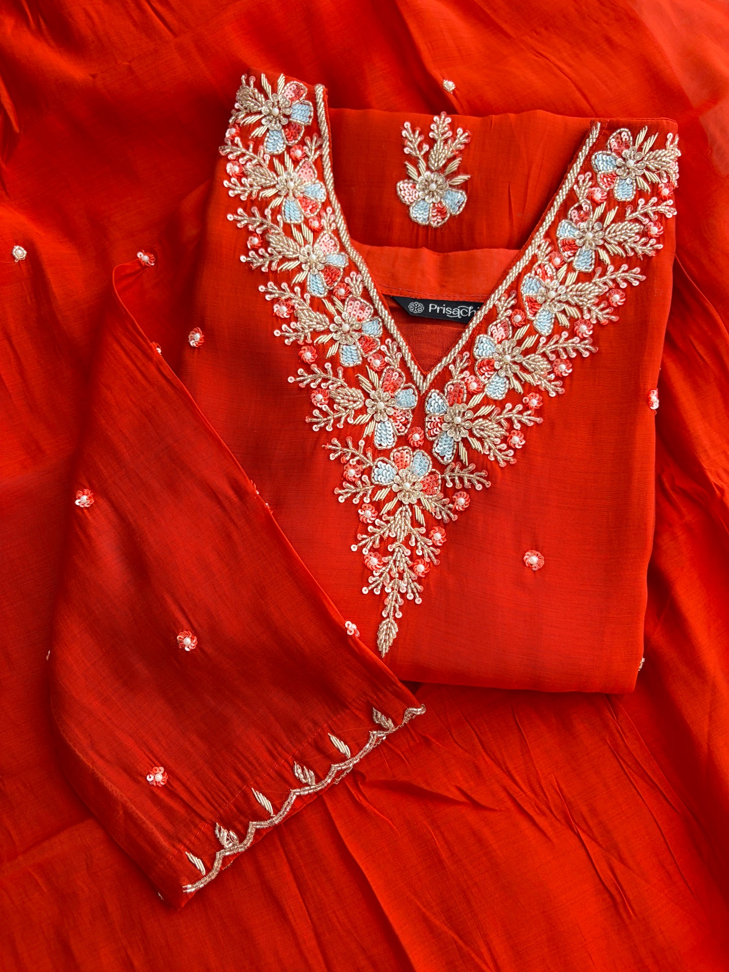 Orange Zardozi Embroidered Ethnic Kurta Set for Women with Dupatta & Pants | Festive Traditional Suit Set