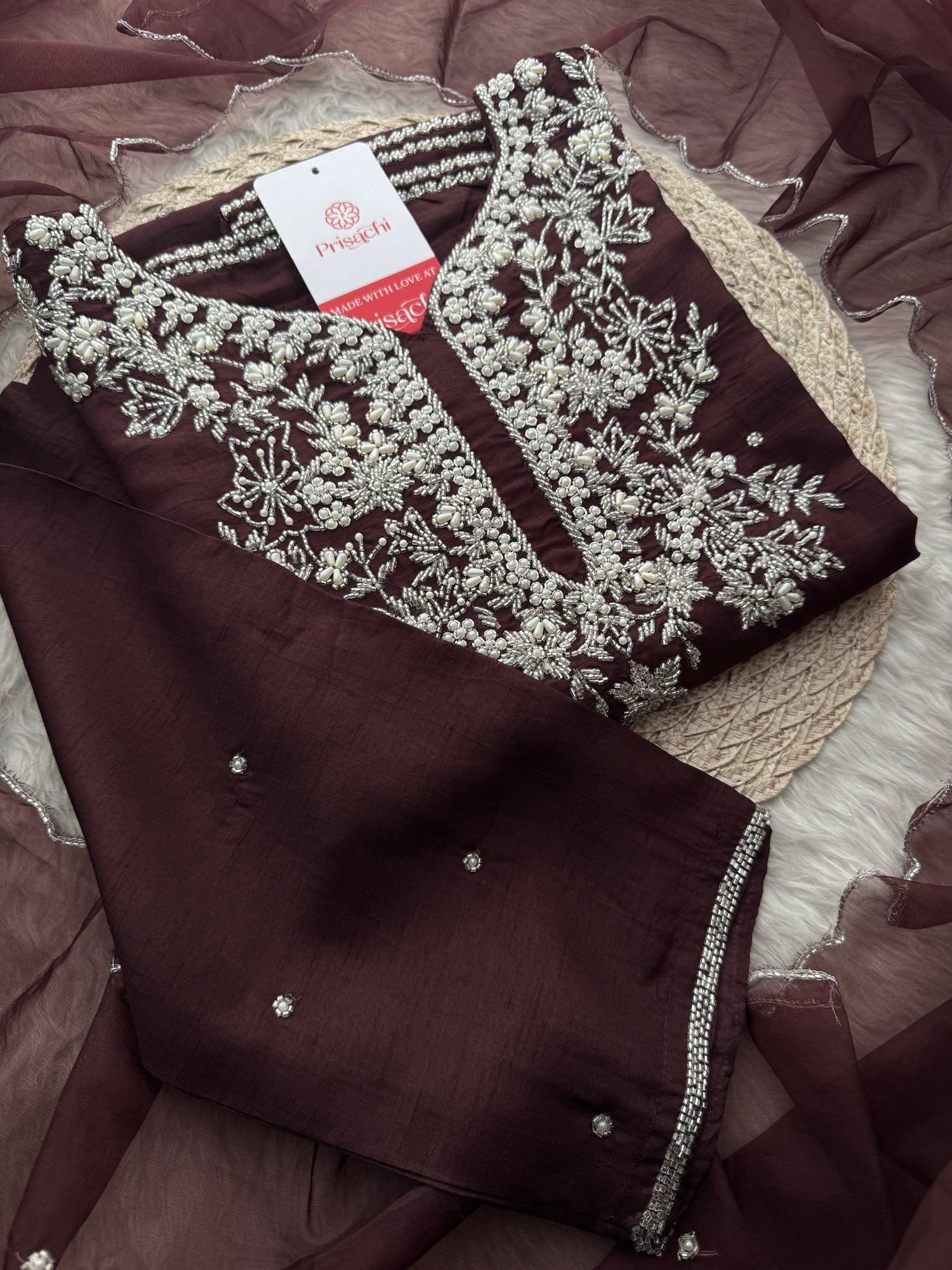 Brown Designer Zardosi Embroidered Kurta Set with Pants & Dupatta - Prisachi Official