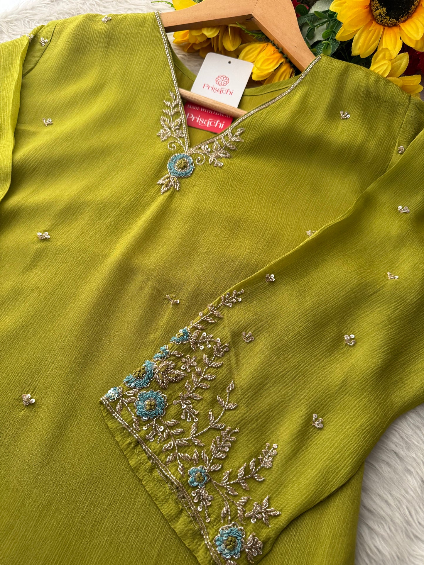 Green Designer Embroidered A-Line Kurta Set with Dupatta & Pants