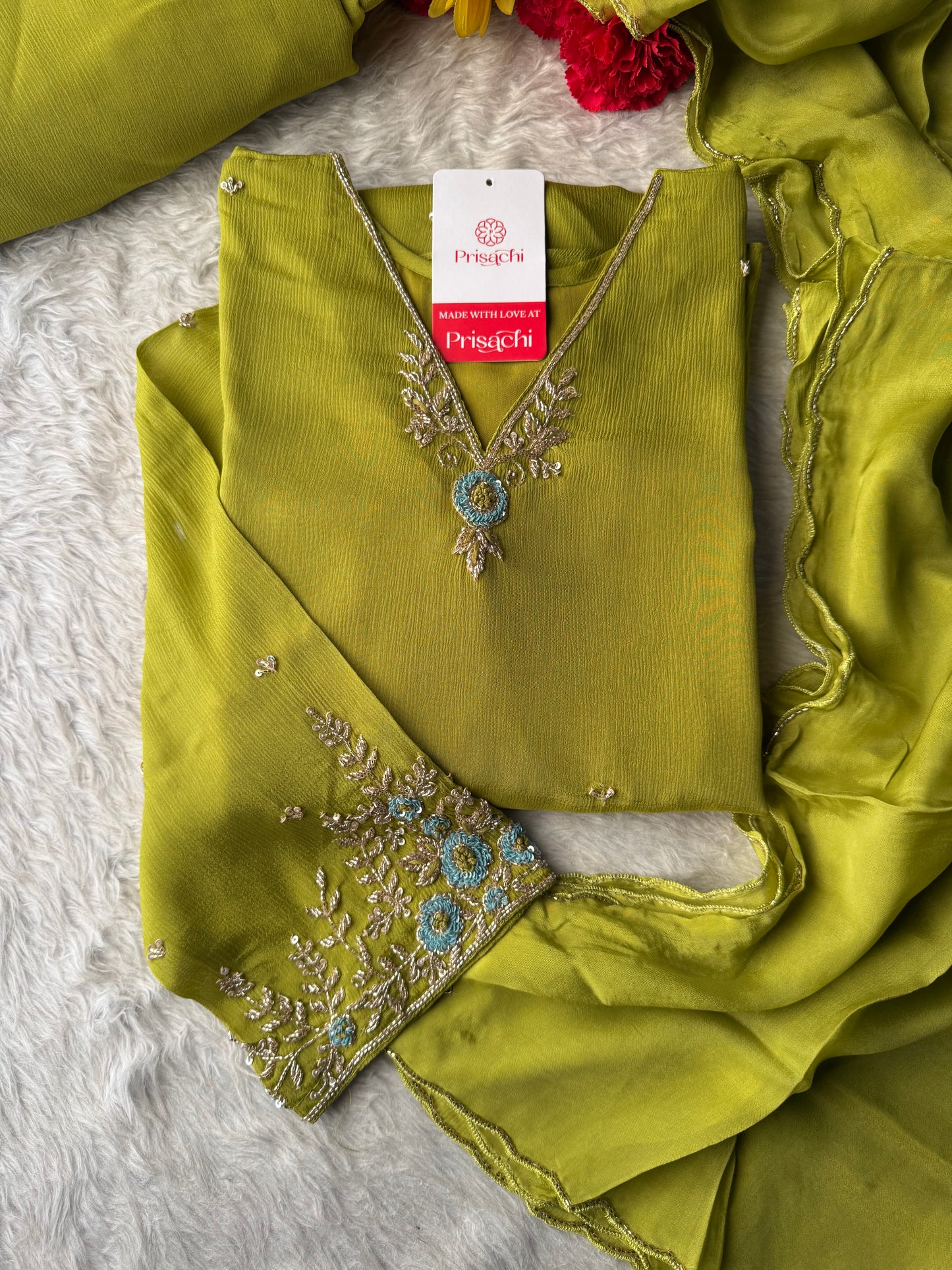 Green Designer Embroidered A-Line Kurta Set with Dupatta & Pants
