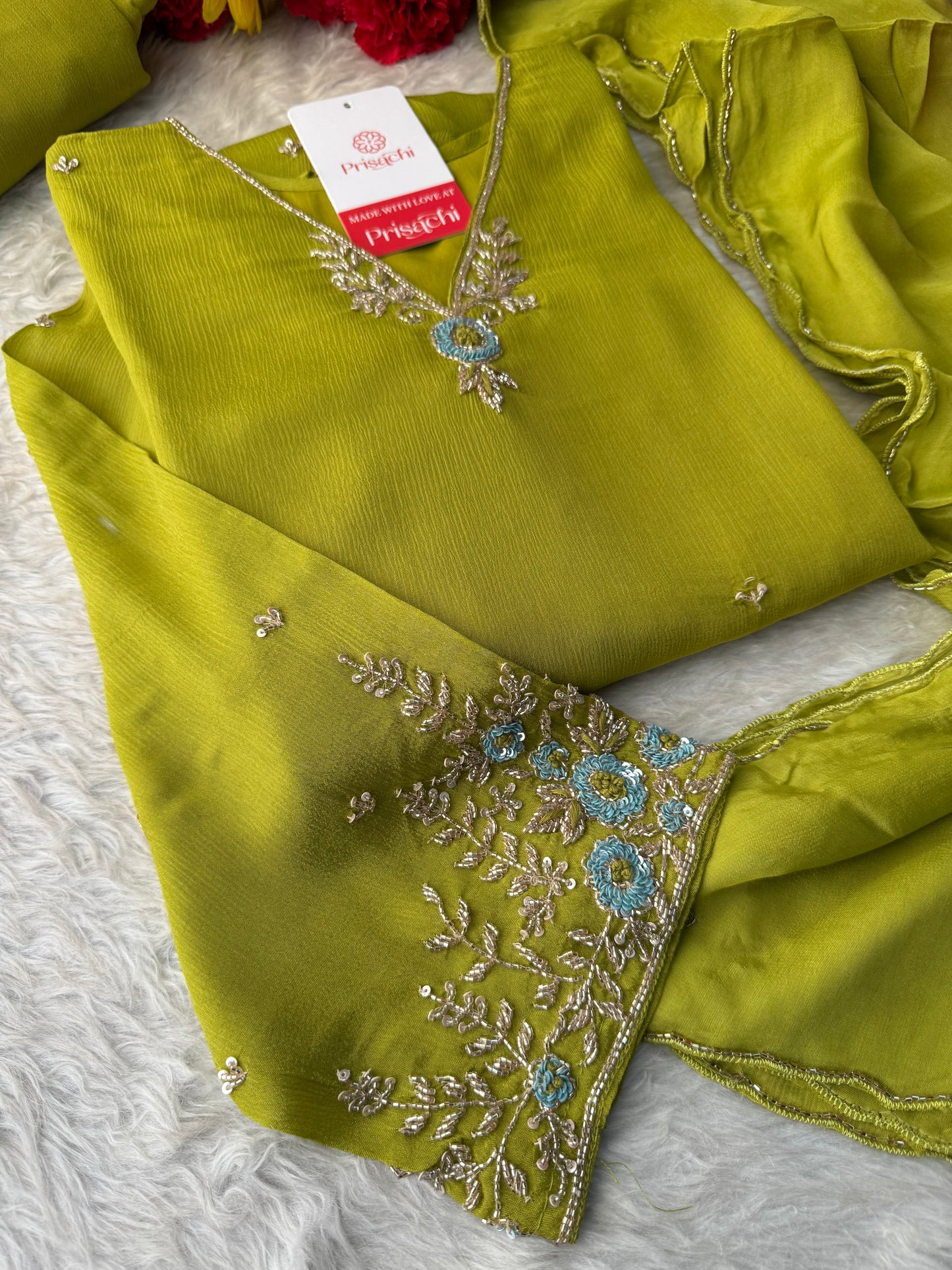 Green Designer Embroidered A-Line Kurta Set with Dupatta & Pants
