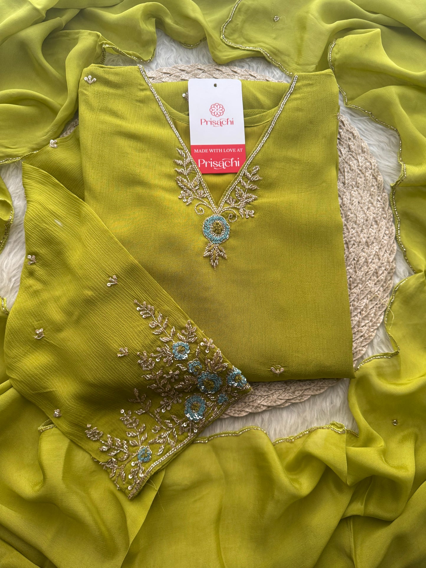 Green Designer Embroidered A-Line Kurta Set with Dupatta & Pants