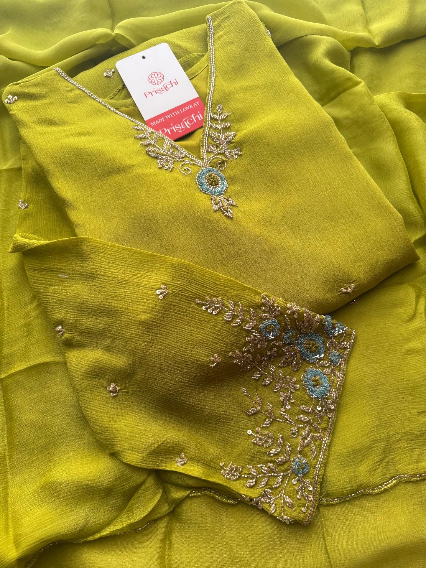 Green Designer Embroidered A-Line Kurta Set with Dupatta & Pants