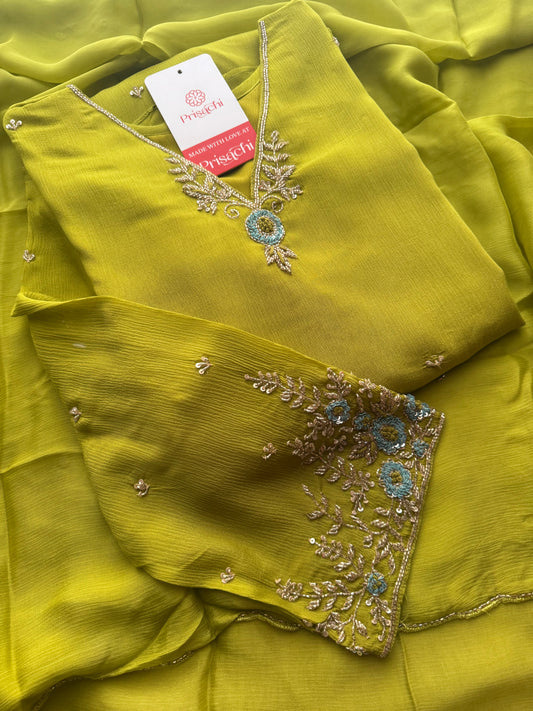 Green Designer Embroidered A-Line Kurta Set with Dupatta & Pants
