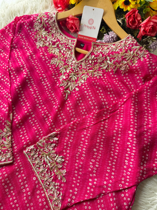 Prisachi Pink Bandhani Embroidered kurtaSet with bottom with dupatta