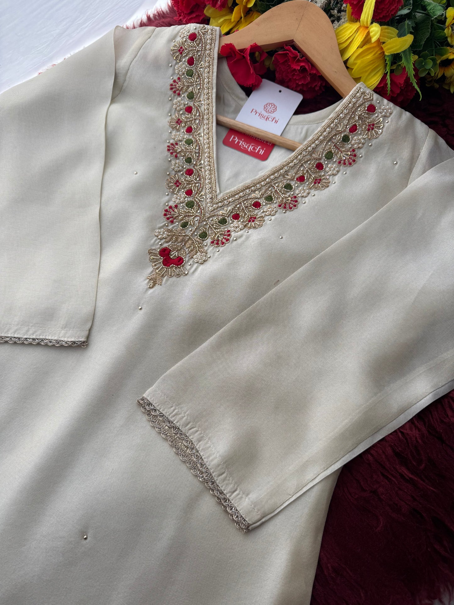 Off White Embroidered Kurta Set with Pants And Red Banarasi Dupatta for Women