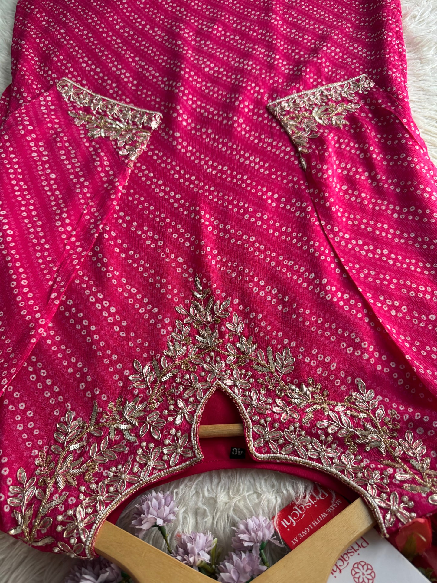 Prisachi Pink Bandhani Embroidered kurtaSet with bottom with dupatta