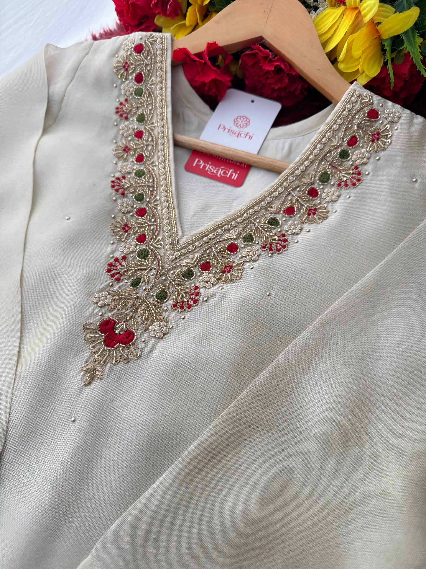 Off White Embroidered Kurta Set with Pants And Red Banarasi Dupatta for Women