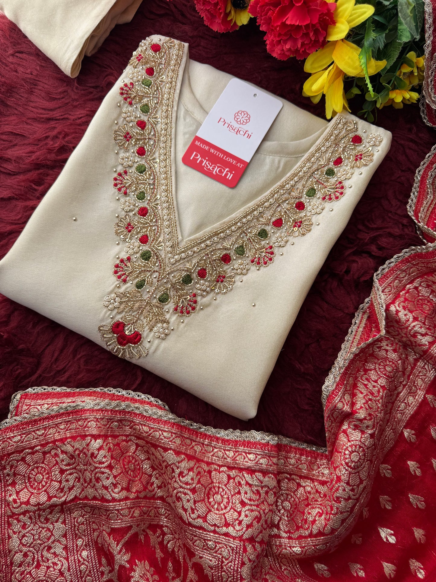 Off White Embroidered Kurta Set with Pants And Red Banarasi Dupatta for Women