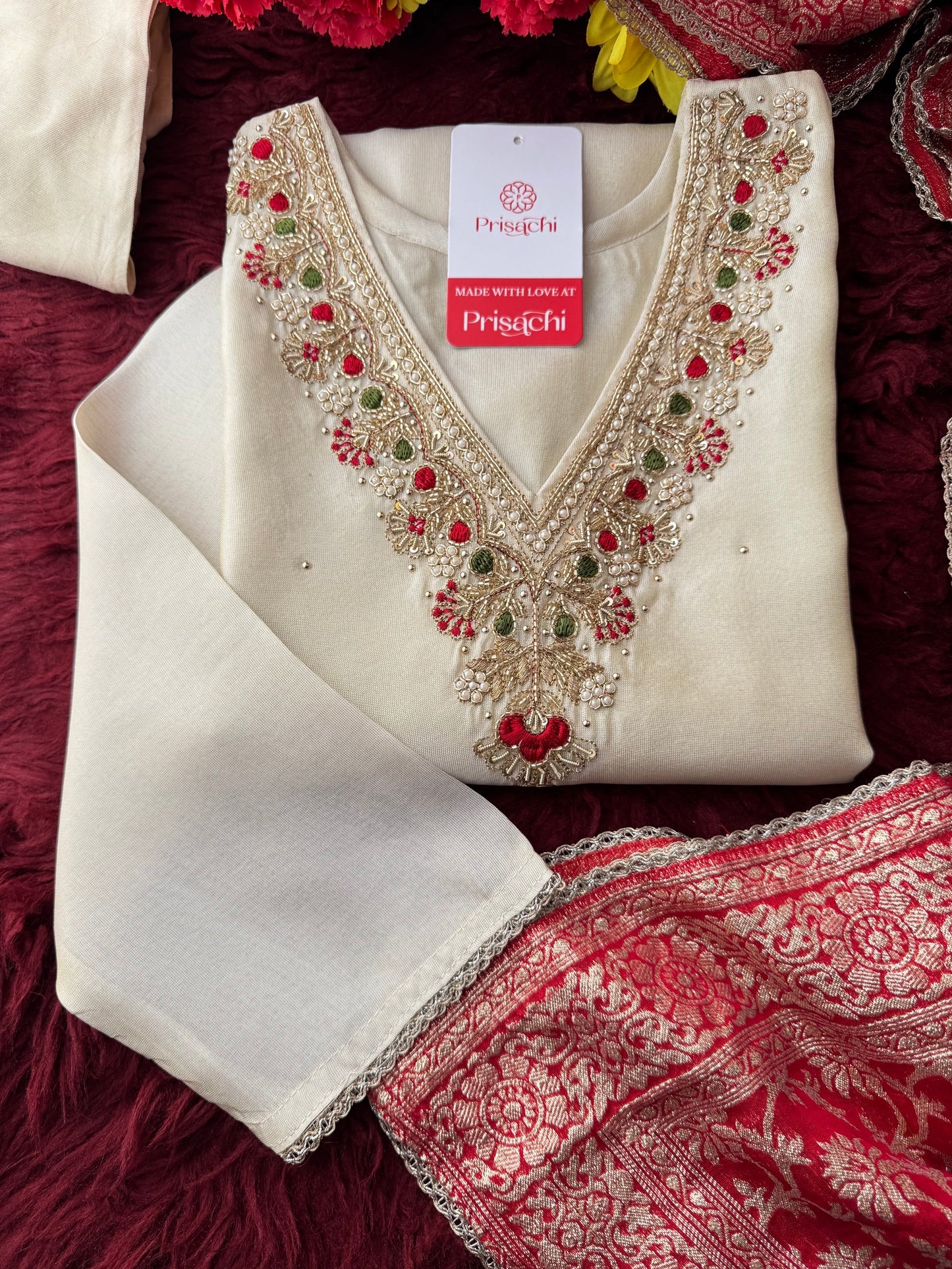 Off White Embroidered Kurta Set with Pants And Red Banarasi Dupatta for Women