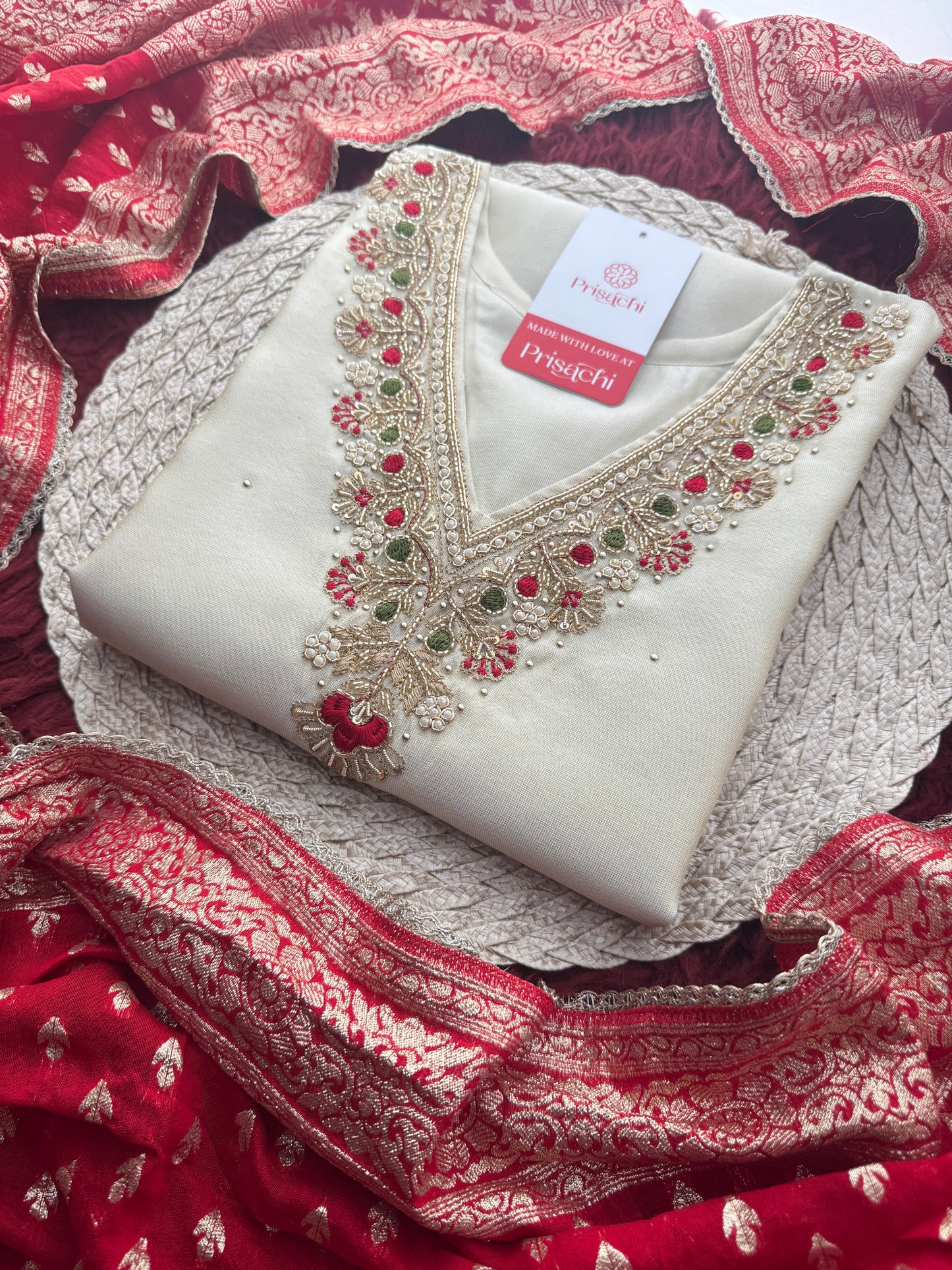 Off White Embroidered Kurta Set with Pants And Red Banarasi Dupatta for Women