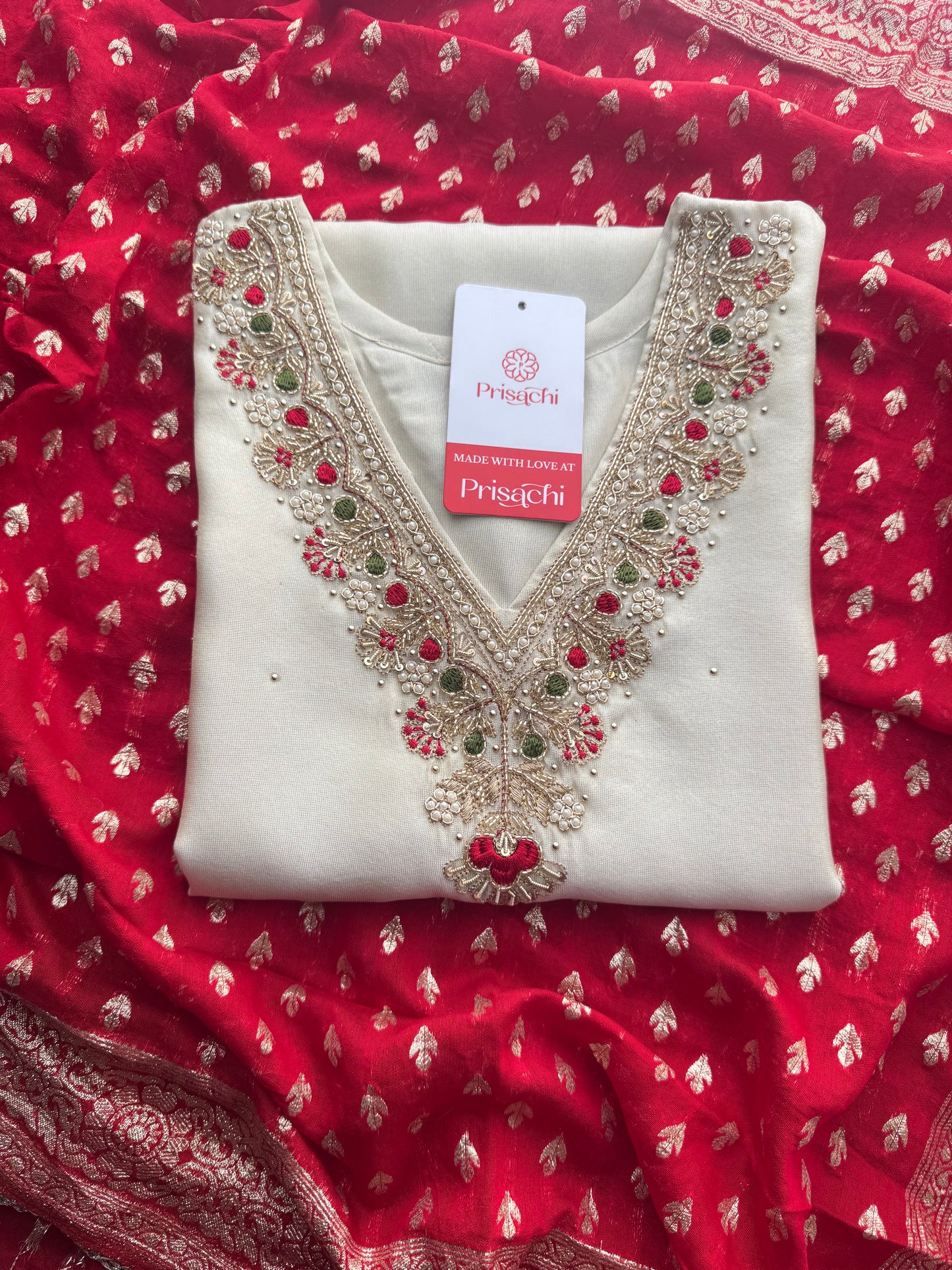 Off White Embroidered Kurta Set with Pants And Red Banarasi Dupatta for Women
