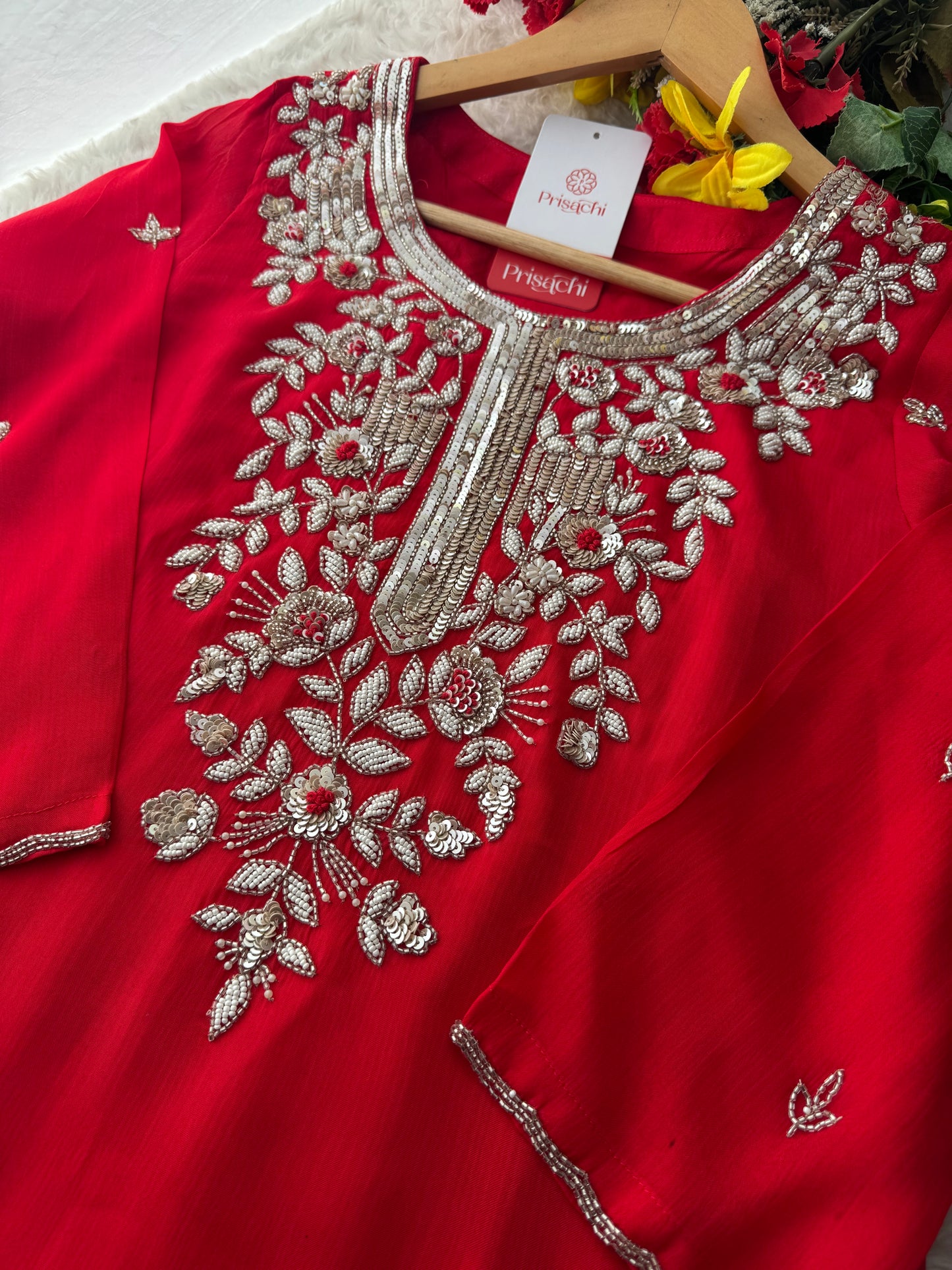 Red Designer Embroidered Ethnic Kurta Set with Palazzo & Dupatta for Women