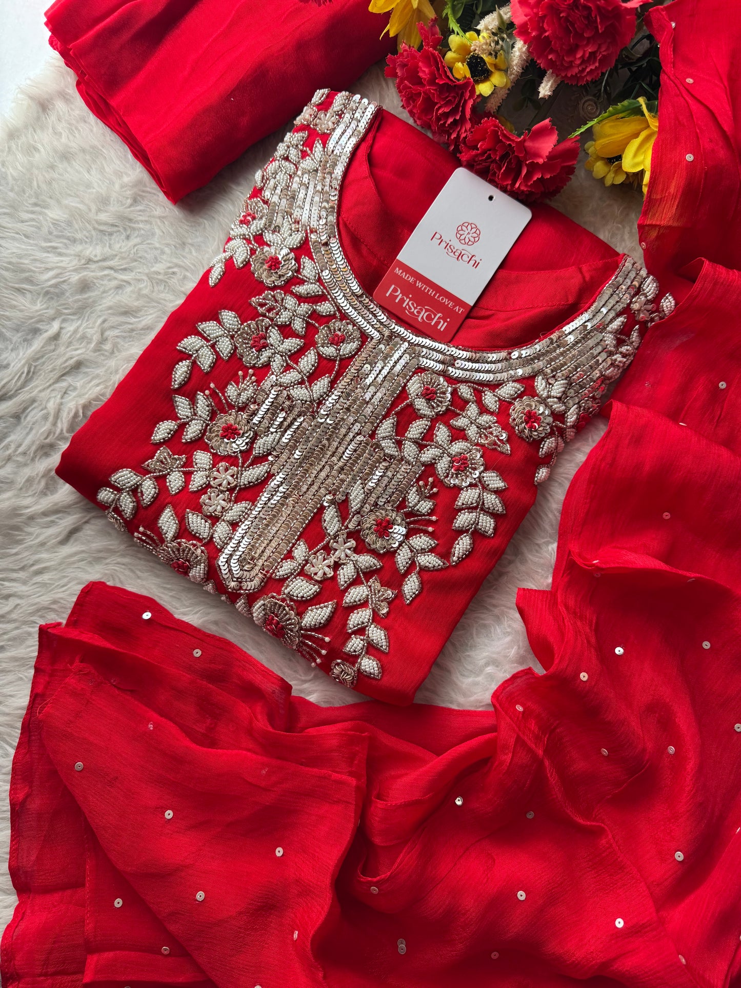 Red Designer Embroidered Ethnic Kurta Set with Palazzo & Dupatta for Women