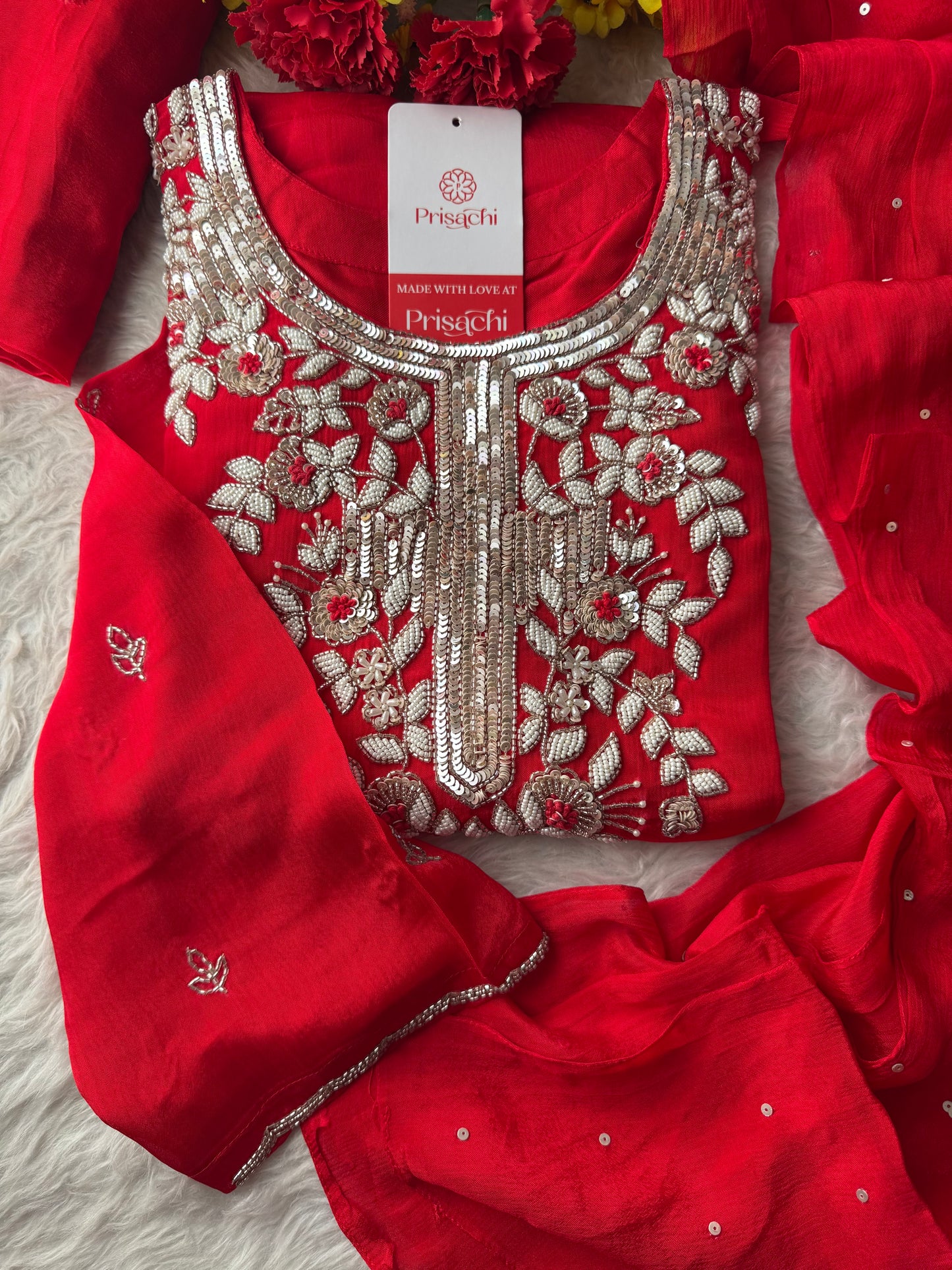 Red Designer Embroidered Ethnic Kurta Set with Palazzo & Dupatta for Women