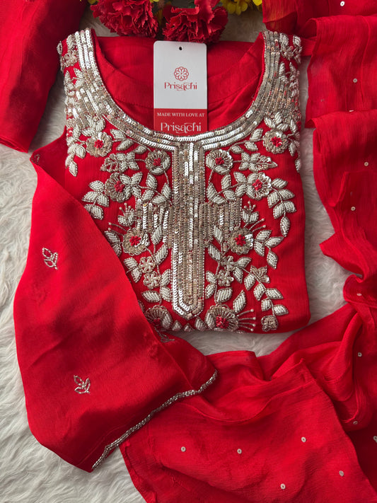 Red Designer Embroidered Ethnic Kurta Set with Palazzo & Dupatta for Women