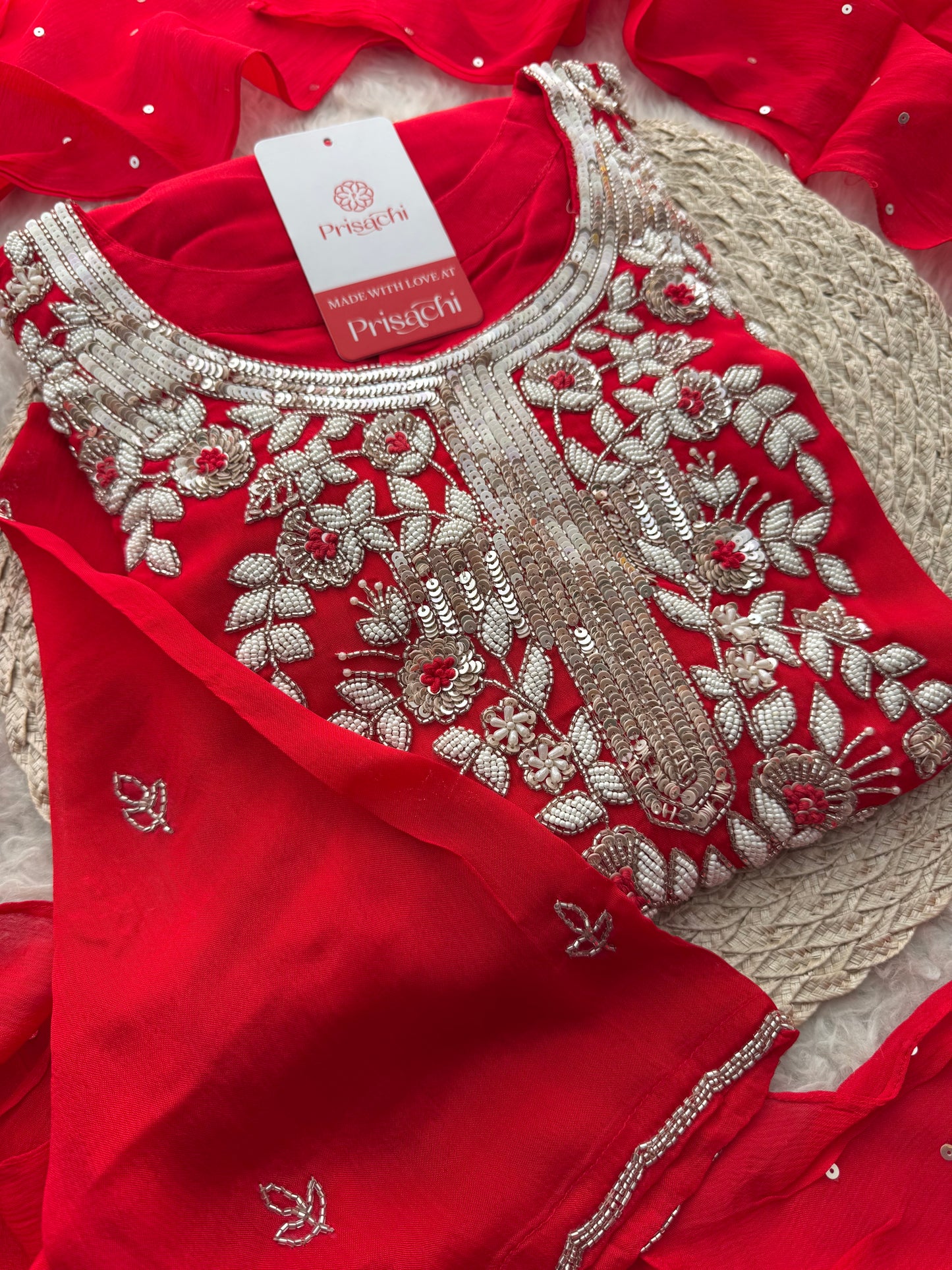 Red Designer Embroidered Ethnic Kurta Set with Palazzo & Dupatta for Women