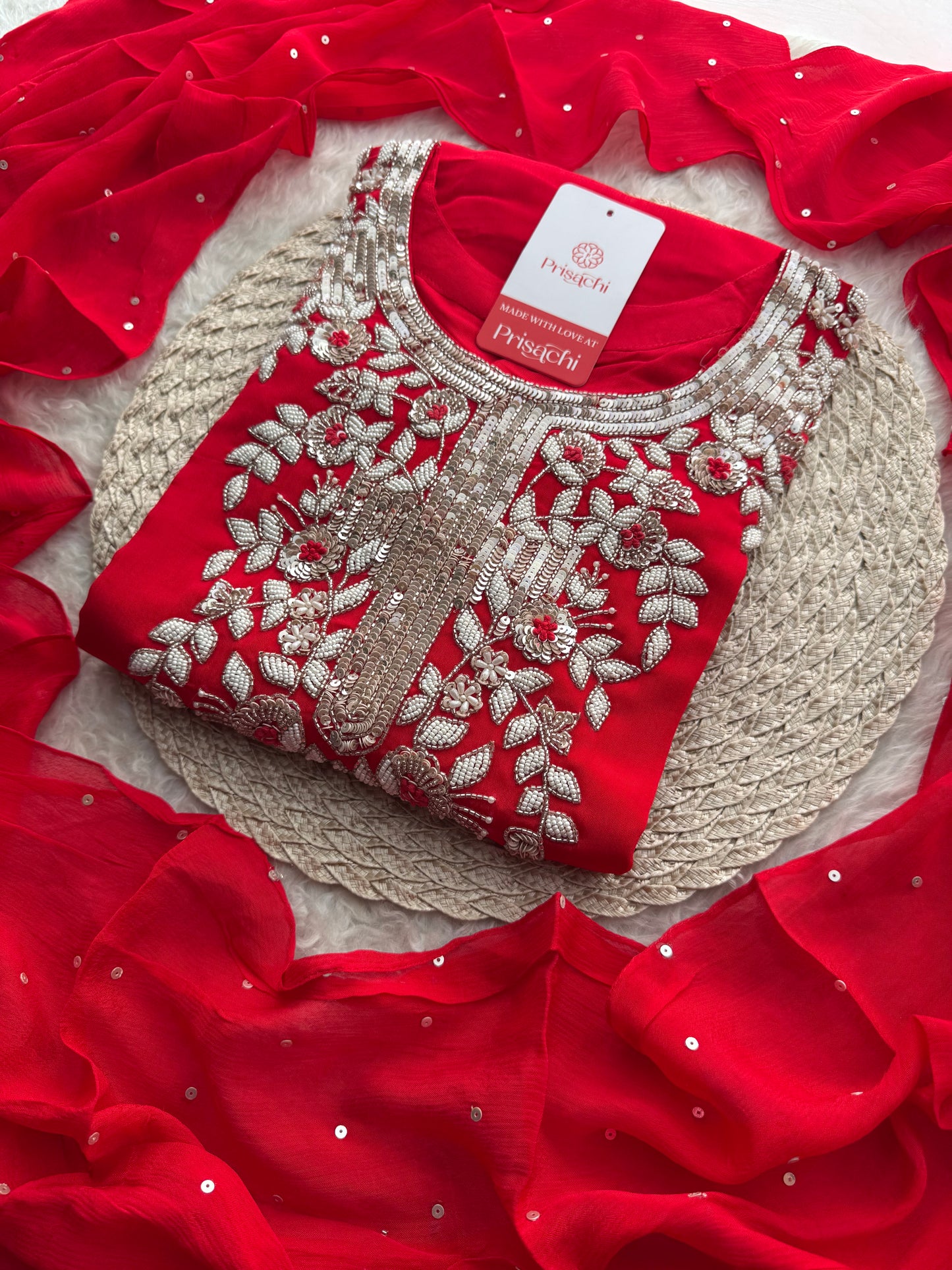 Red Designer Embroidered Ethnic Kurta Set with Palazzo & Dupatta for Women