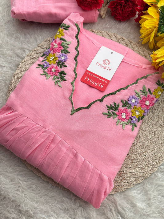 Pink Thread Embroidered A-Line Kurti Pant Co-ord Set | Ethnic Office & Daily Wear