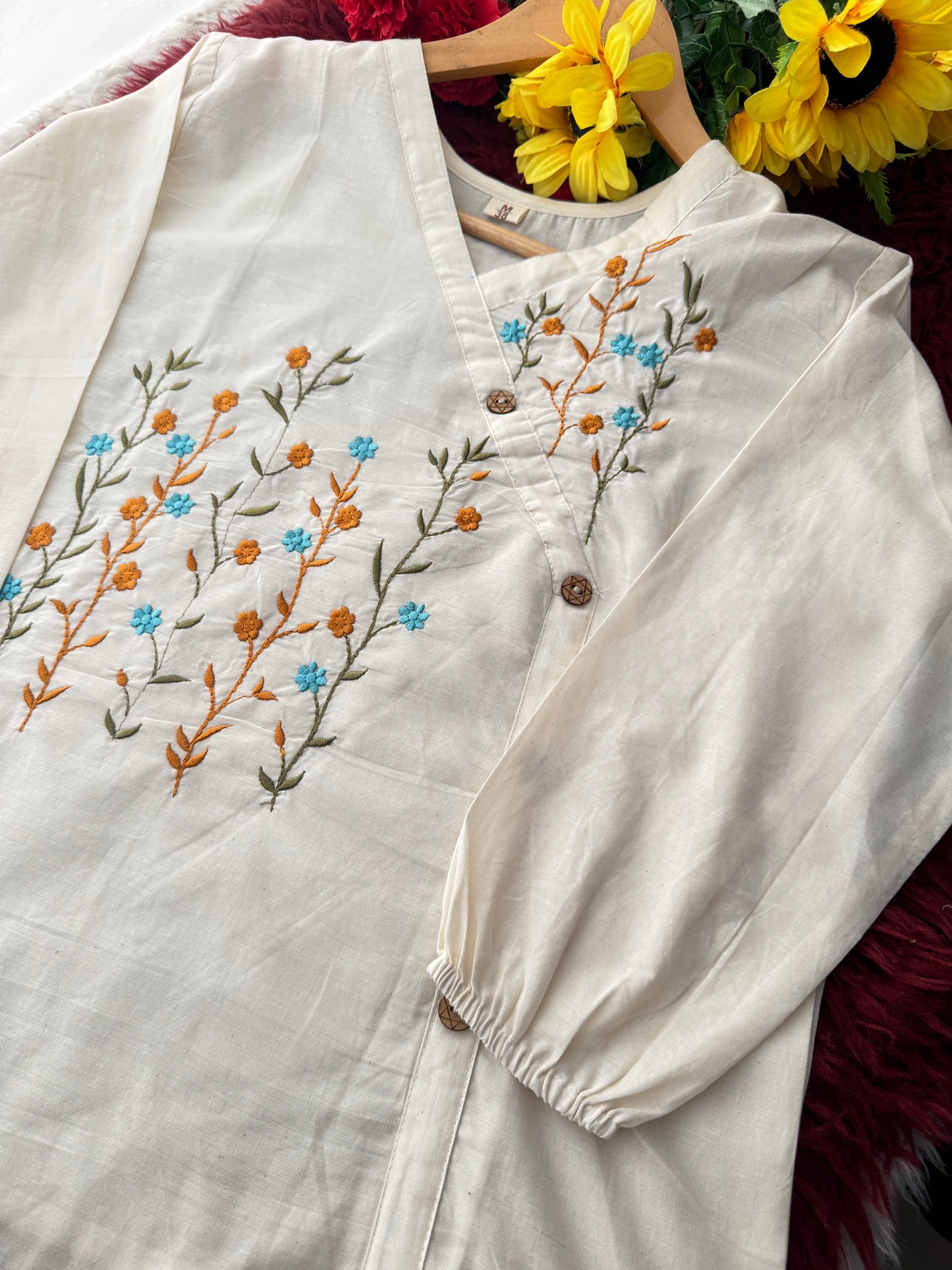 Off White Floral Thread Embroidered Tunic Top for Women | A-Line Short Kurti | Casual Office Wear