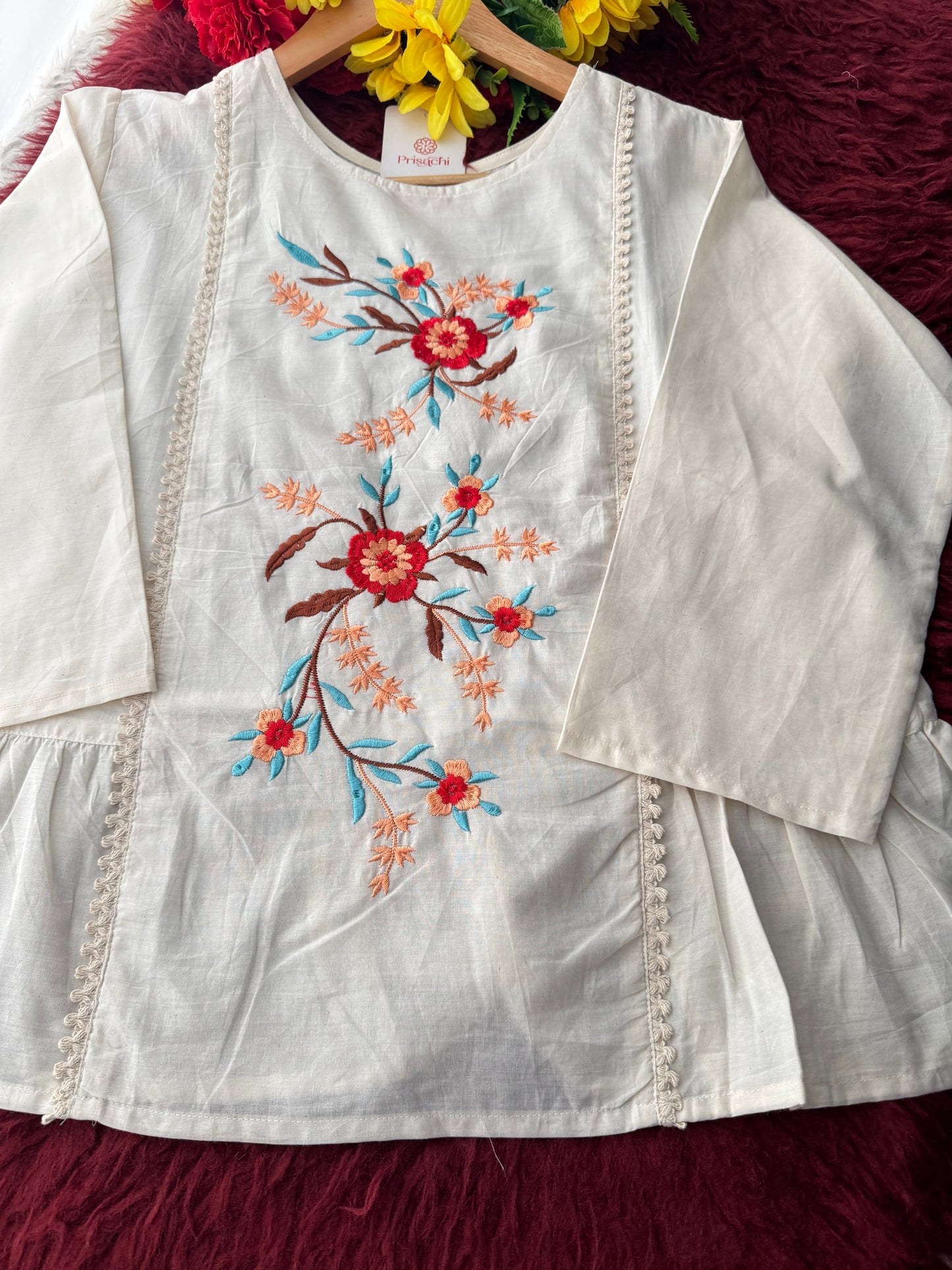 Off White Floral Thread Embroidered Tunic Top for Women | Tiered A-Line Ethnic Top | Casual Office Wear