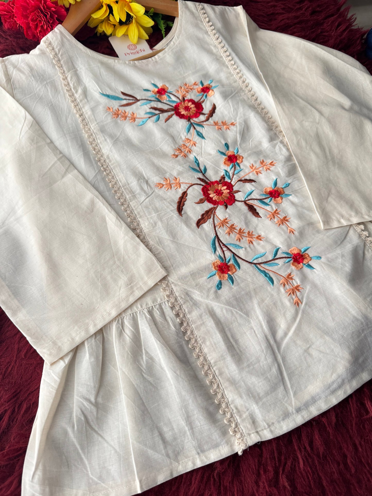 Off White Floral Thread Embroidered Tunic Top for Women | Tiered A-Line Ethnic Top | Casual Office Wear