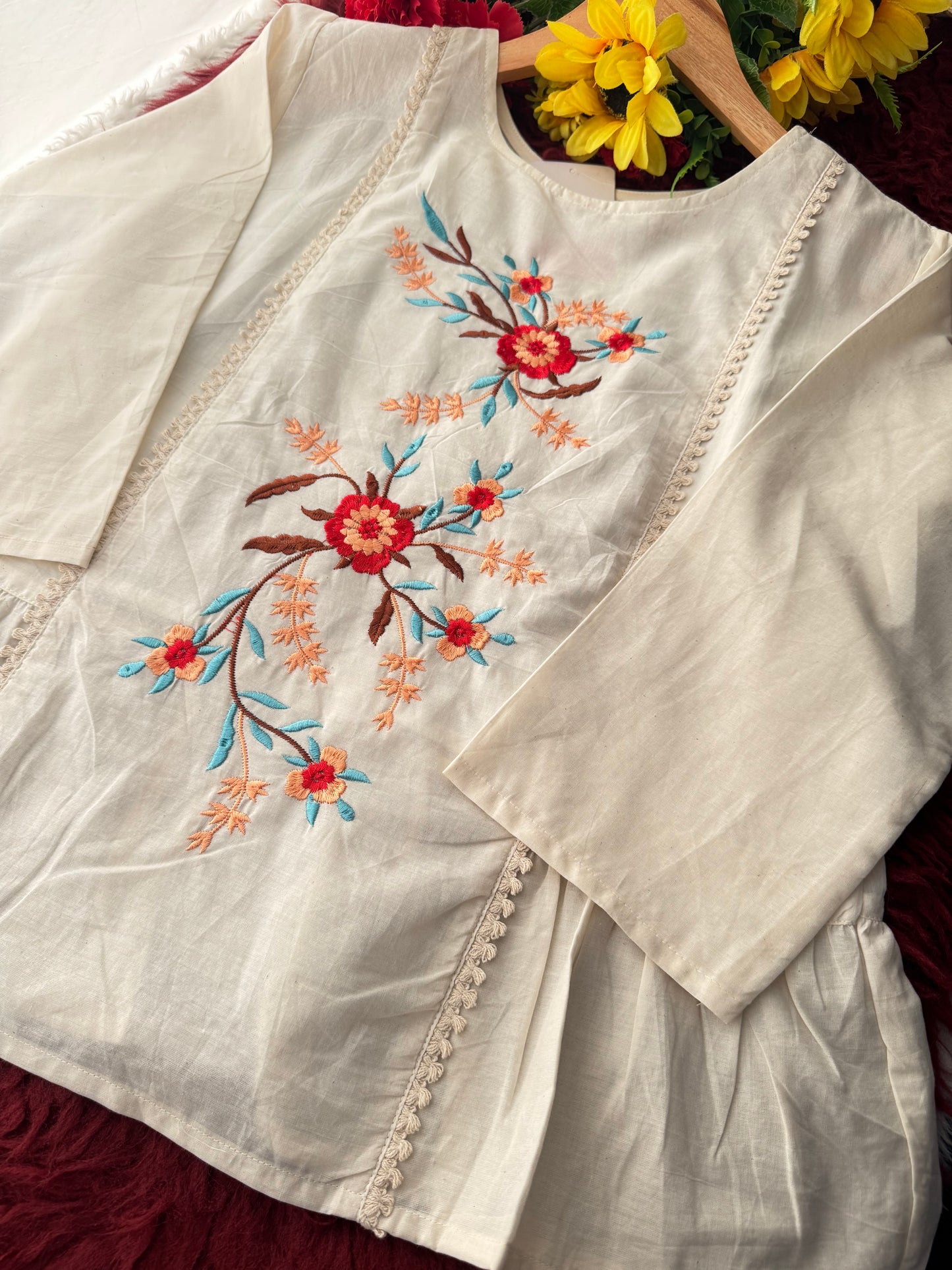 Off White Floral Thread Embroidered Tunic Top for Women | Tiered A-Line Ethnic Top | Casual Office Wear