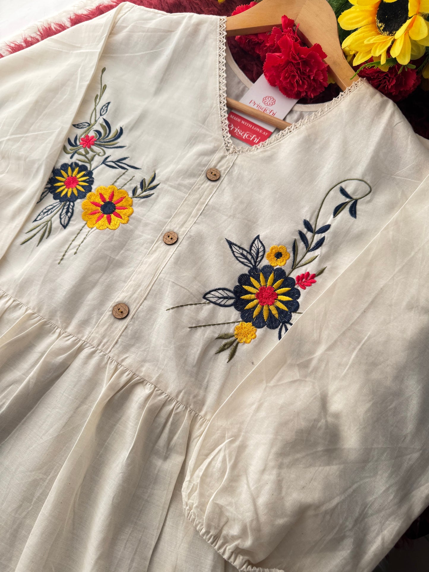 Off White Floral Thread Embroidered Tunic Top for Women | Tiered A-Line Short Kurti | Casual Office Wear